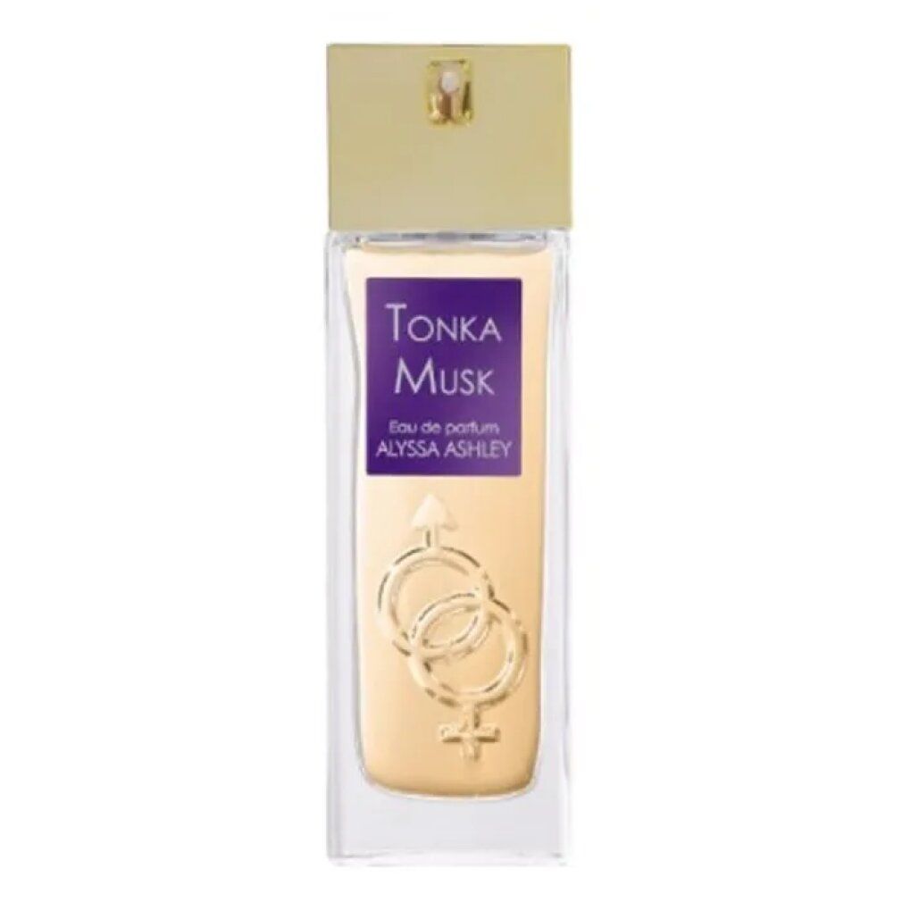 Alyssa Ashley Tonka Musk Eau de Parfum Spray. Flacone rettangolare, tappo dorato, etichetta viola.