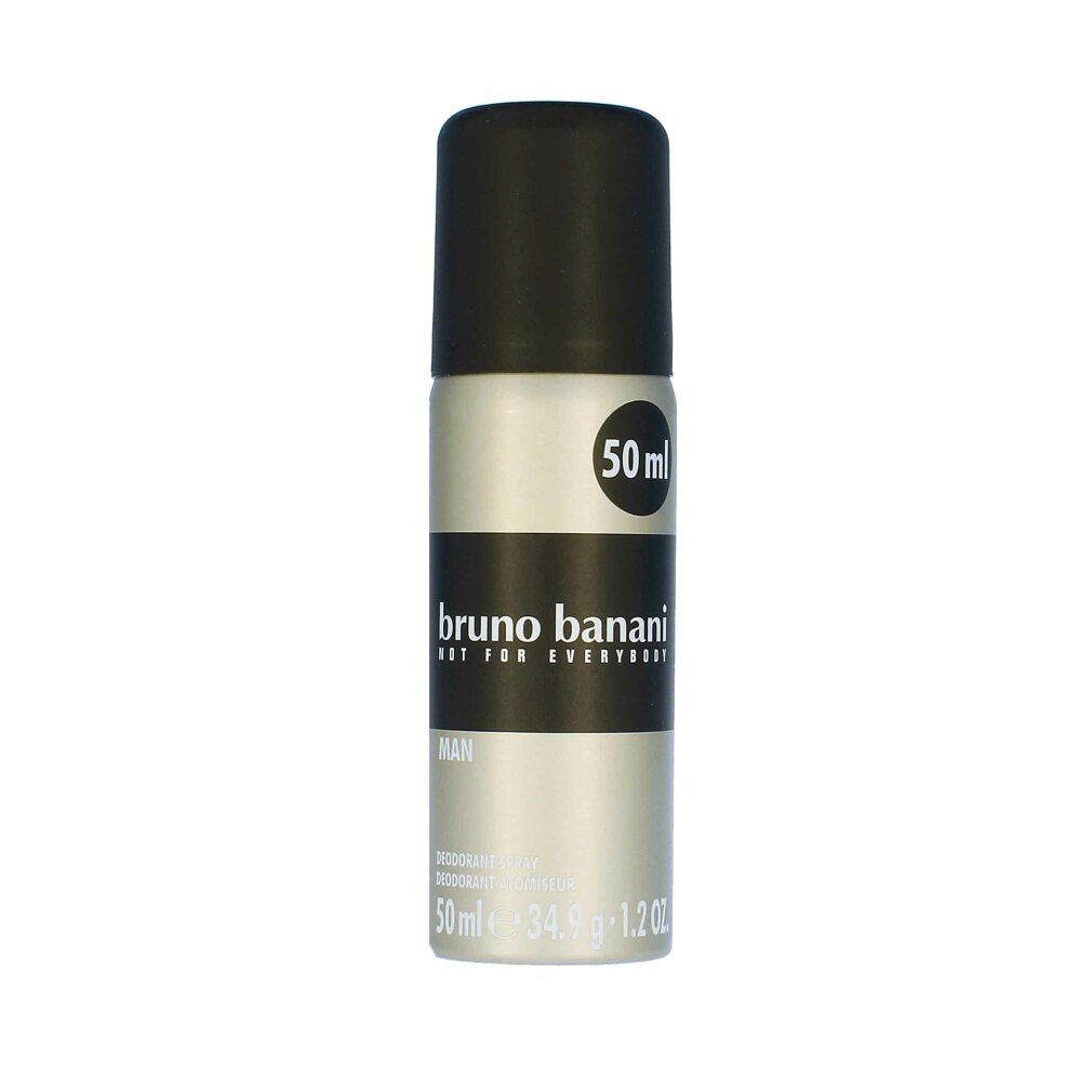 Spray deodorante Bruno Banani Man. Flacone argento con tappo nero. Fascia nera con logo. Contenuto 50 ml.