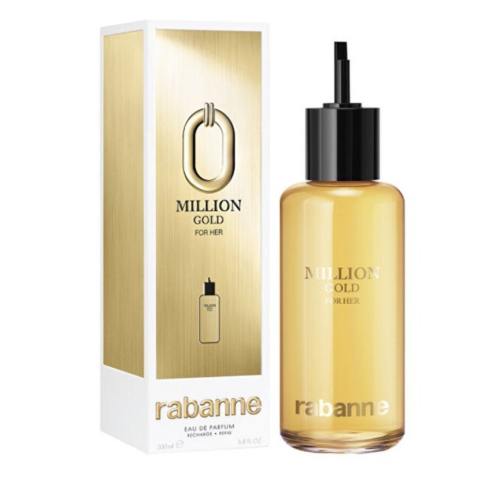 Flacone e confezione dorati. Scritta: MILLION GOLD FOR HER e rabanne. Confezione con logo.
