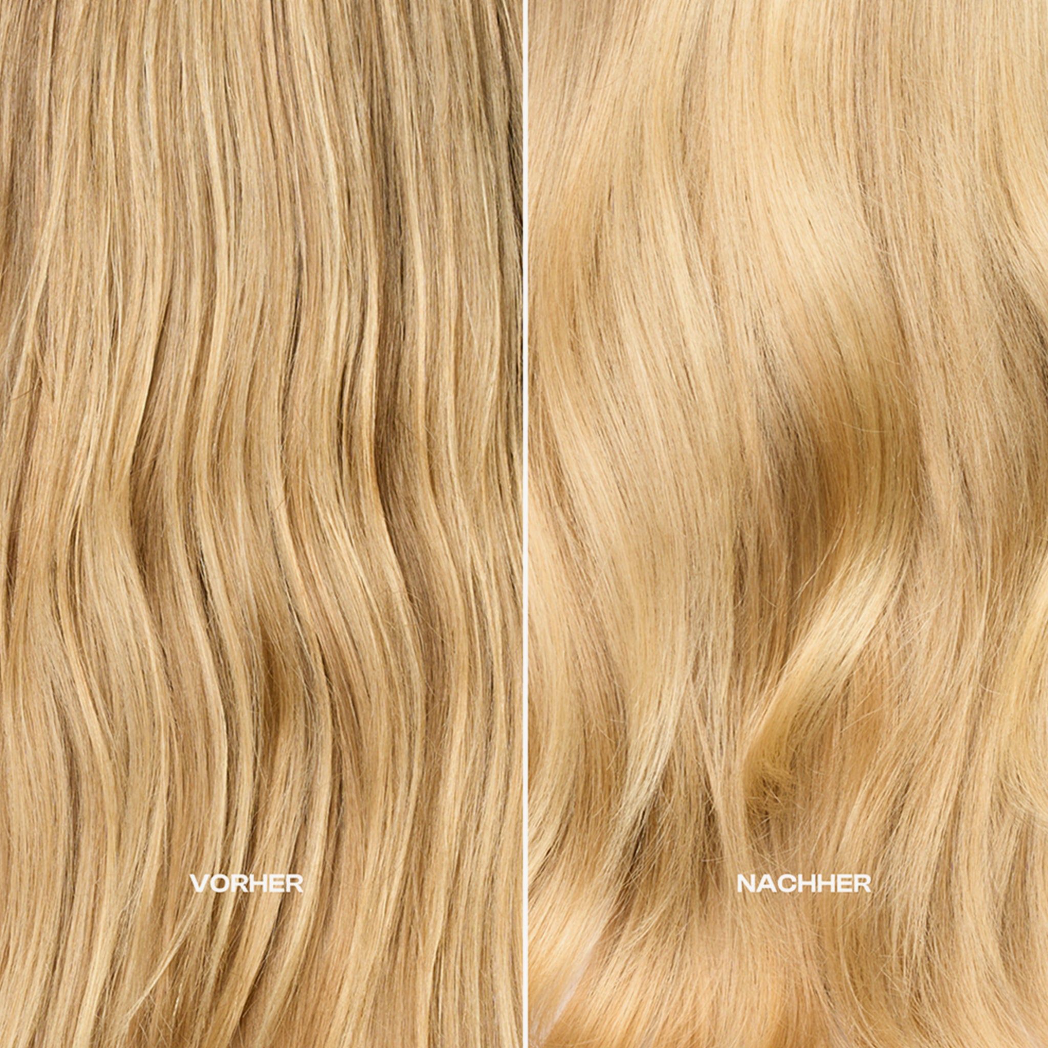 Due sezioni di capelli affiancate. A sinistra: "PRIMA". A destra: "DOPO".