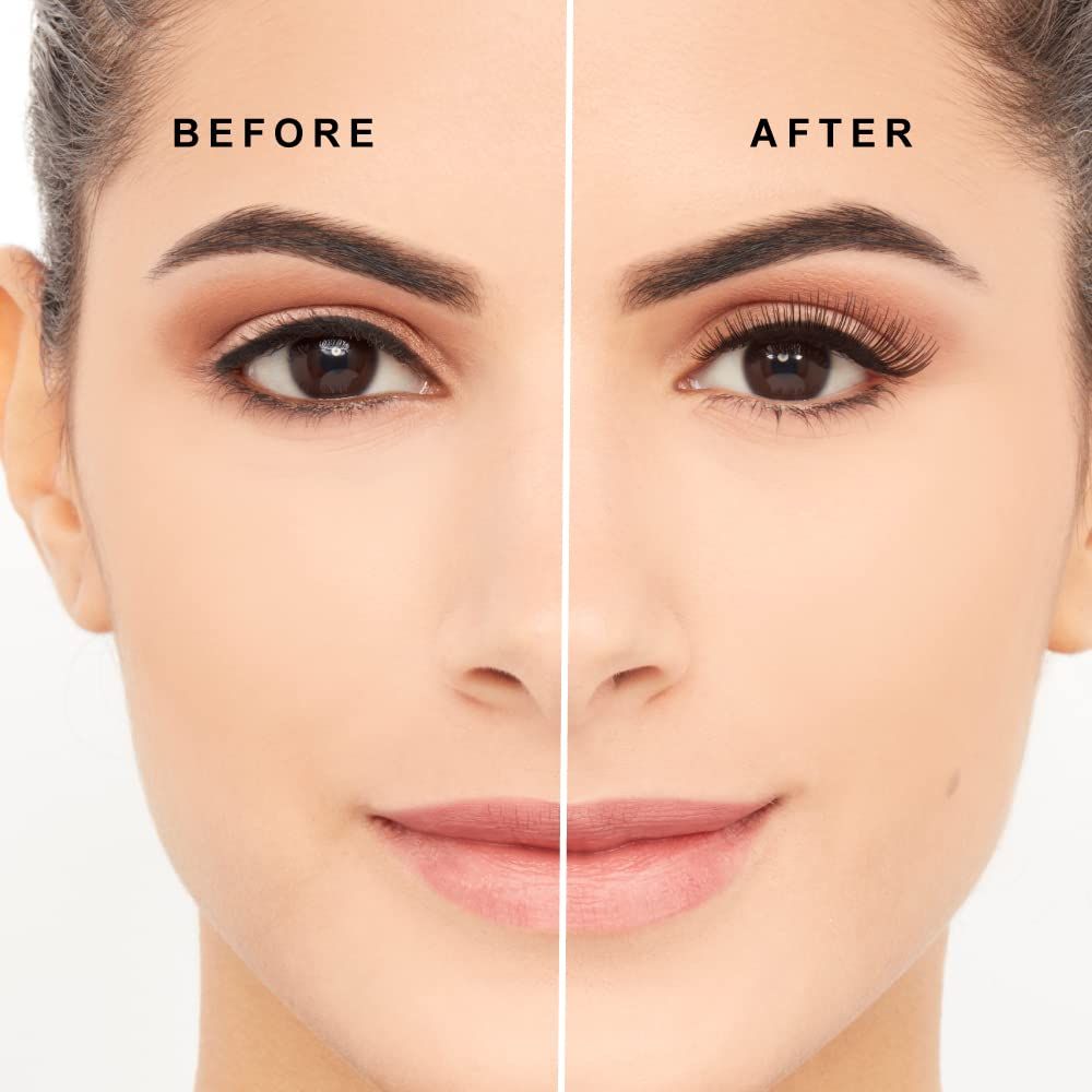 Viso di donna, diviso in vista prima-dopo. Ciglia visibili sul lato destro.