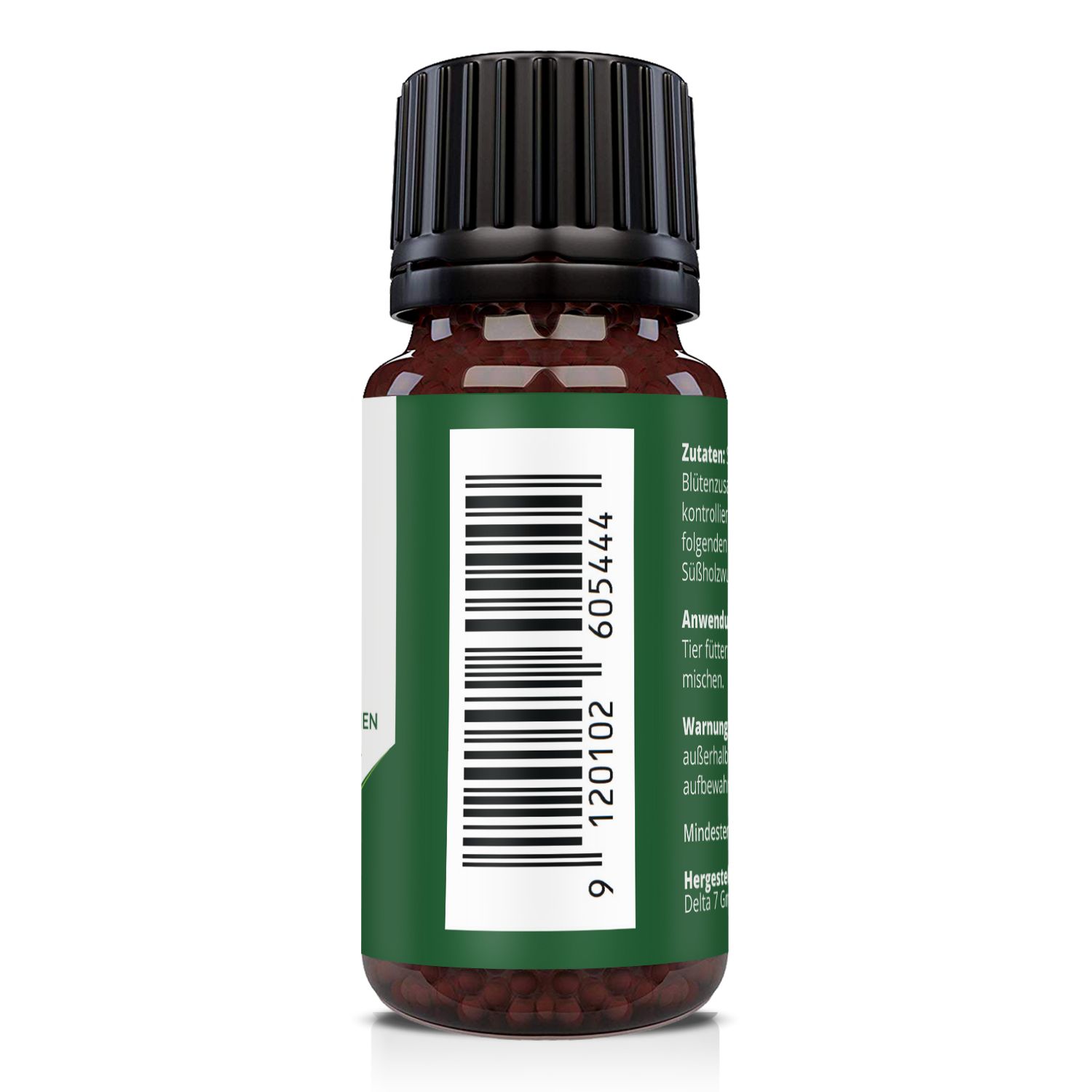 Flacone di vetro marrone con tappo nero. Retro con codice a barre e testo.