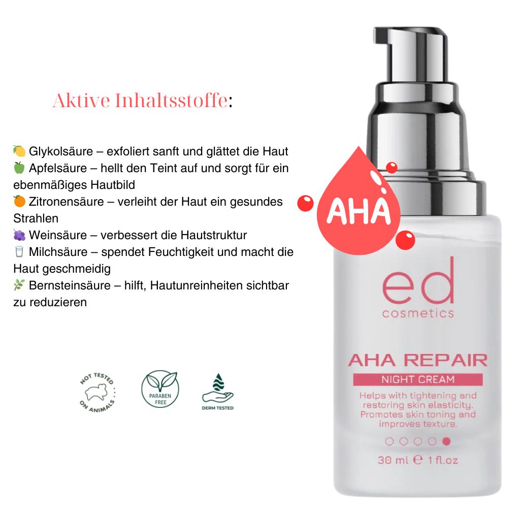 Flacone di crema con erogatore. Goccia rossa AHA. Scritta: ed cosmetics, AHA REPAIR NIGHT CREAM. 30 ml.