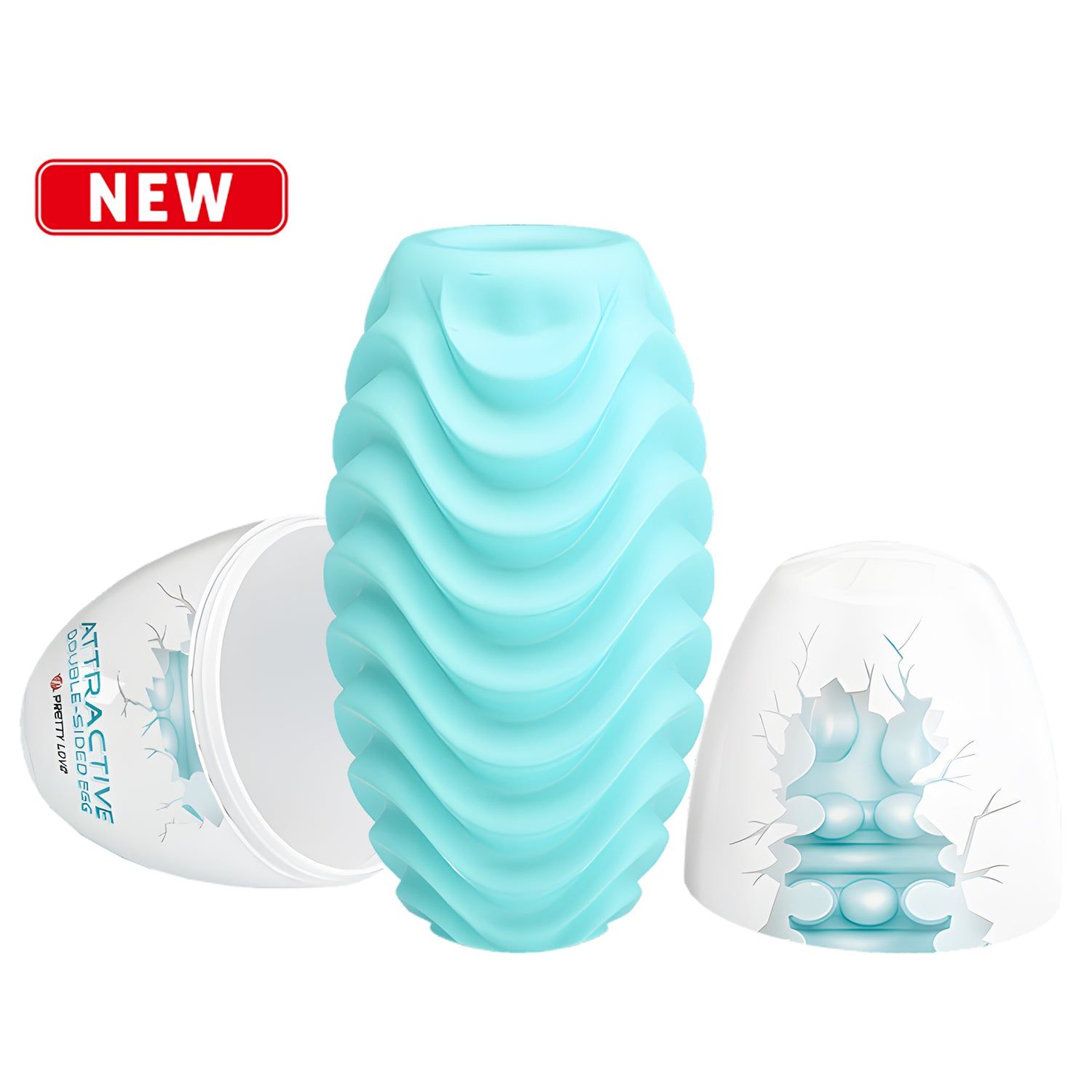 Prodotto a forma di uovo, blu chiaro, superficie ondulata. Con coperchio. Scritta: ATTRACTIVE DOUBLE-SIDED EGG, PRETTY LOVE. Etichetta NEW.