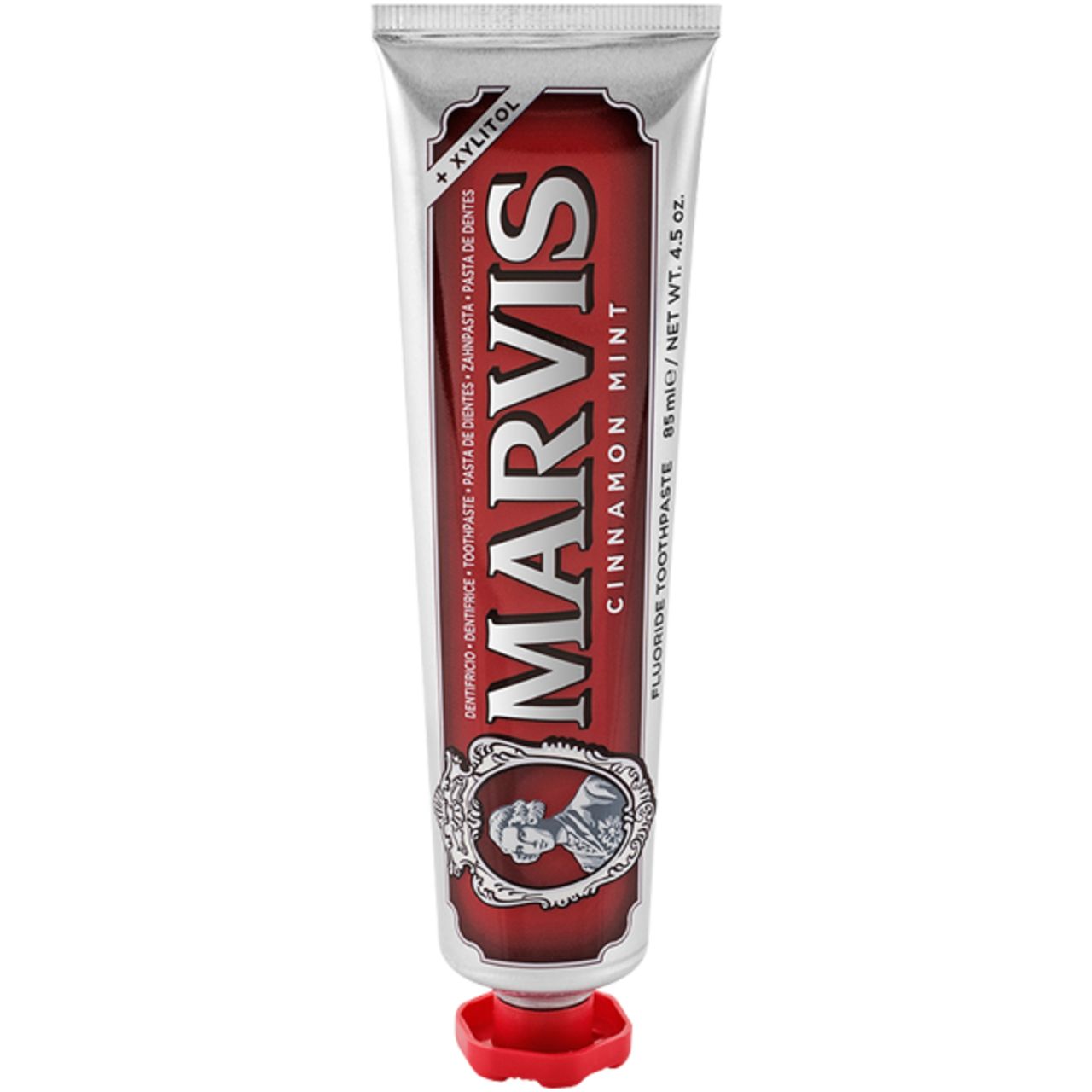 Tubo di dentifricio MARVIS CINNAMON MINT. Tubo argentato con scritta rossa e tappo rosso.