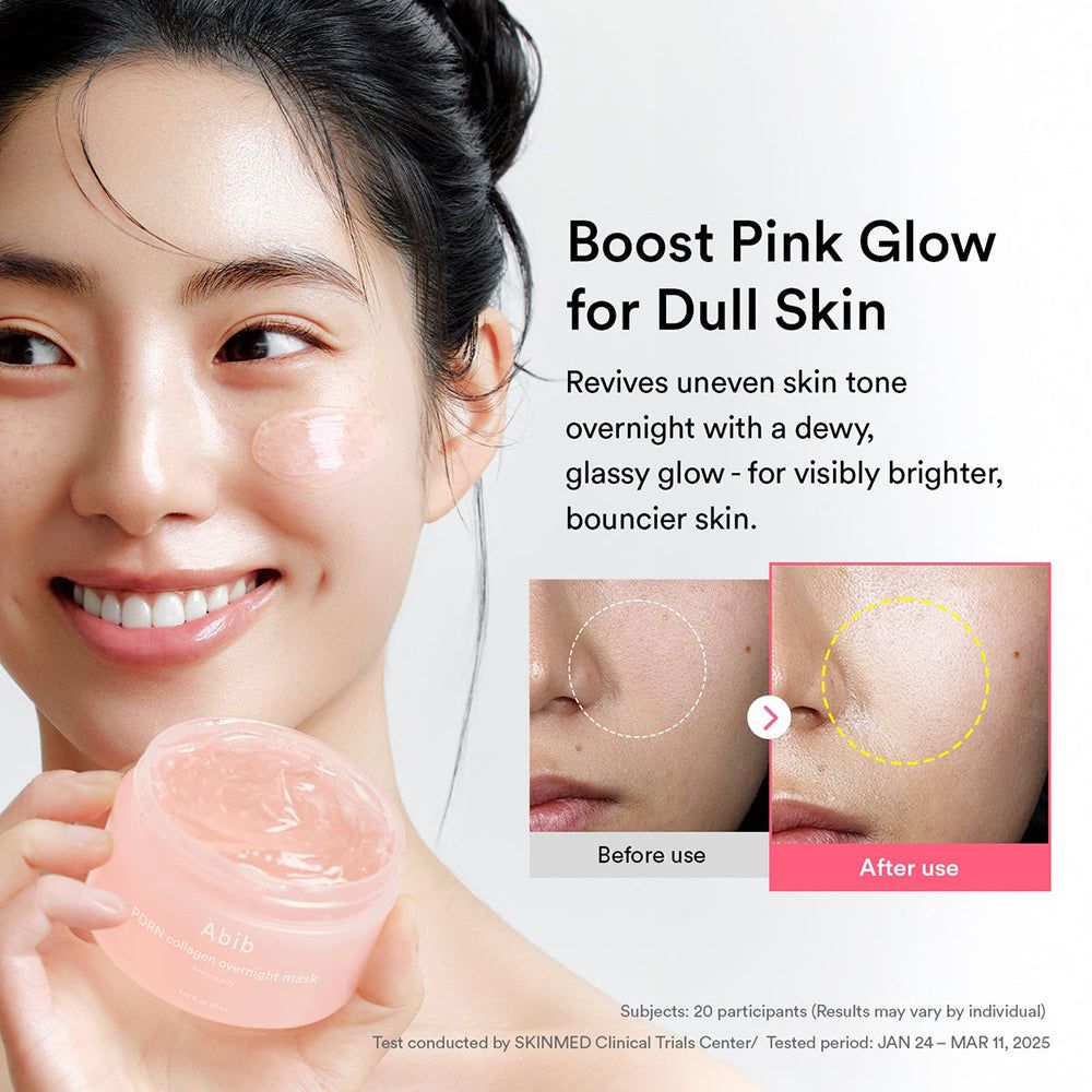 Donna con vasetto. Confronto prima-dopo: pelle con e senza maschera. Testo: Boost Pink Glow for Dull Skin.