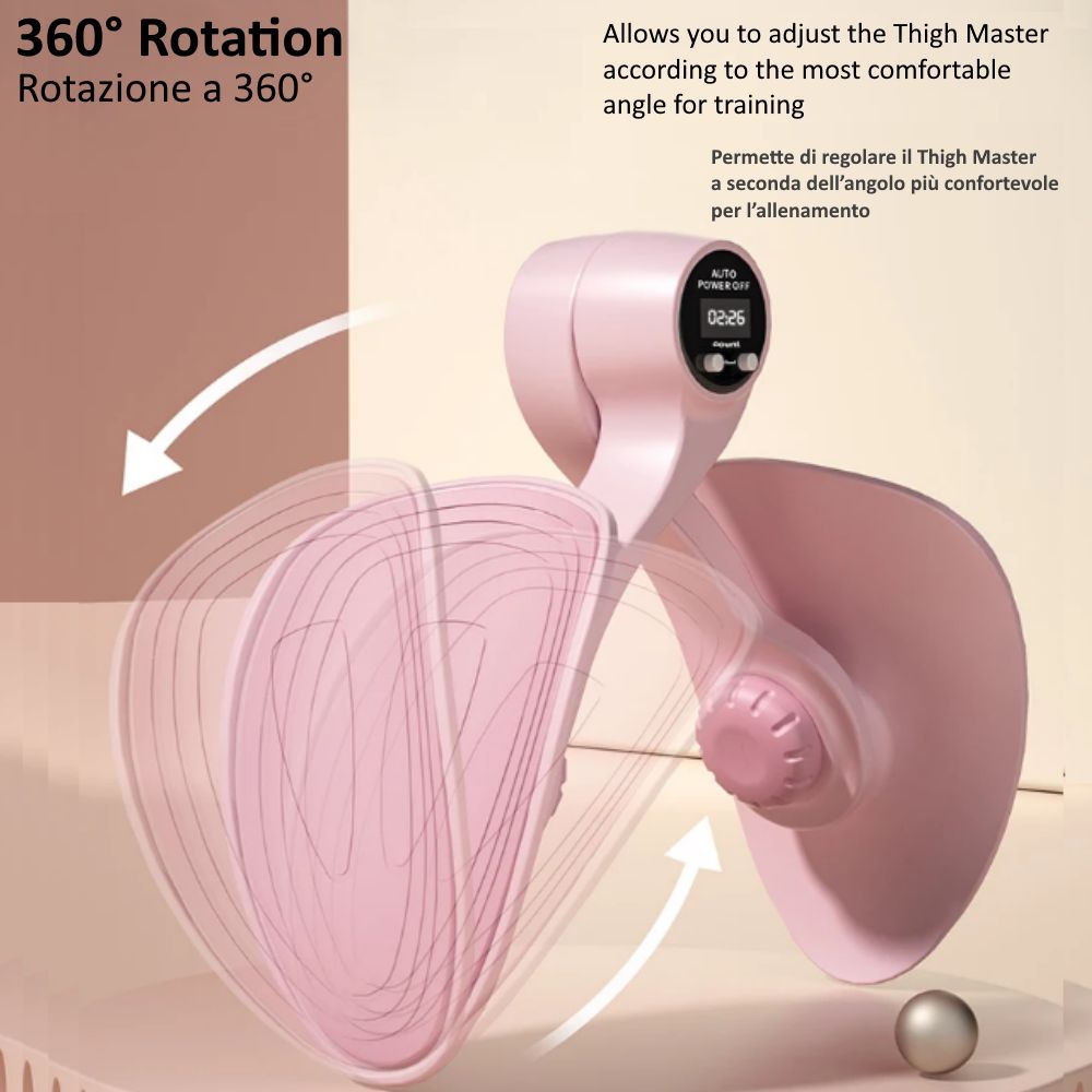 Attrezzo fitness rosa, ruotabile a 360°. Le frecce indicano il movimento di rotazione. Testo: Rotazione a 360°.