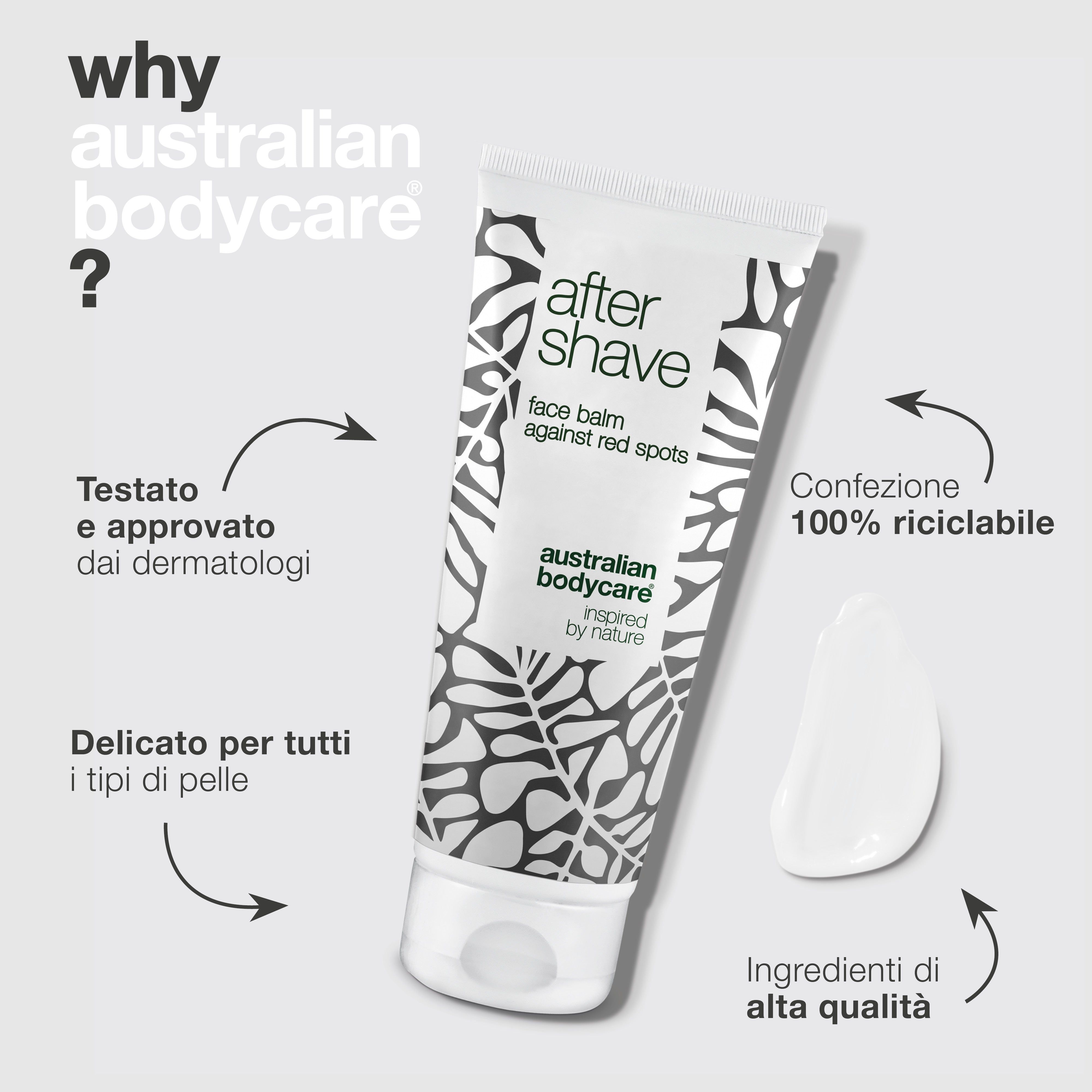 Balsamo dopobarba. Scritta: After Shave, Australian Bodycare. Testo: Idratante, contro irritazioni.