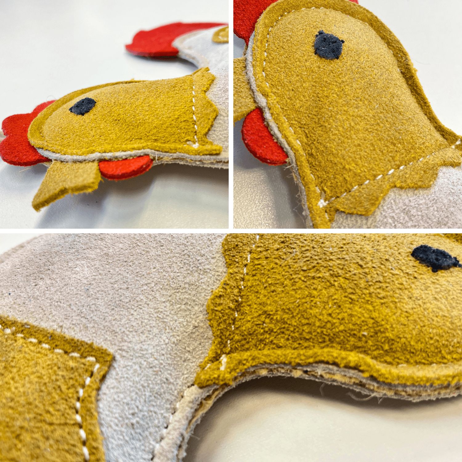 Primi piani del giocattolo per cani. Dettagli della lavorazione, della pelle e delle cuciture.