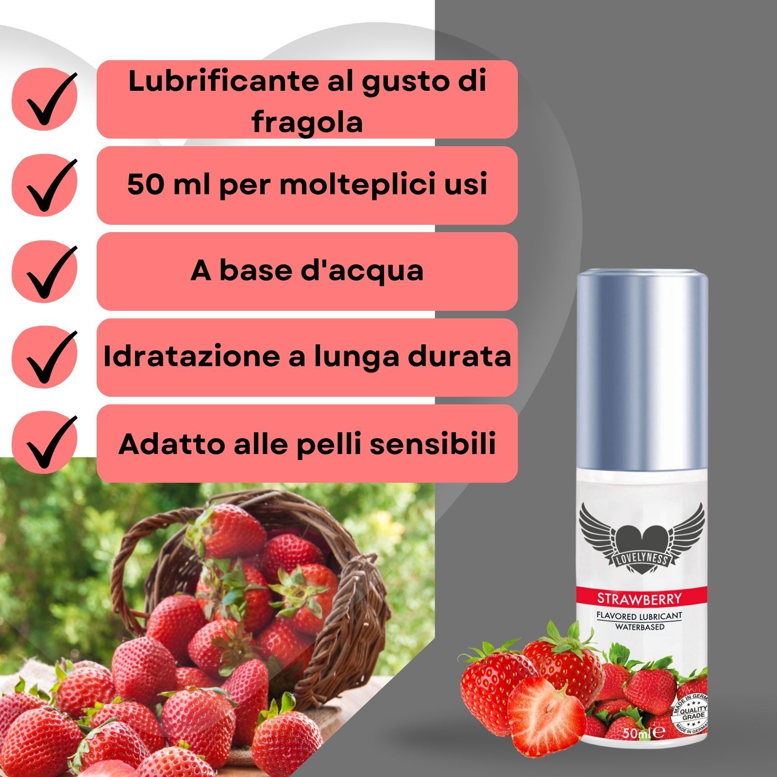 Flacone di lubrificante con fragole e testo. Testo: Strawberry, Flavored Lubricant, Waterbased.