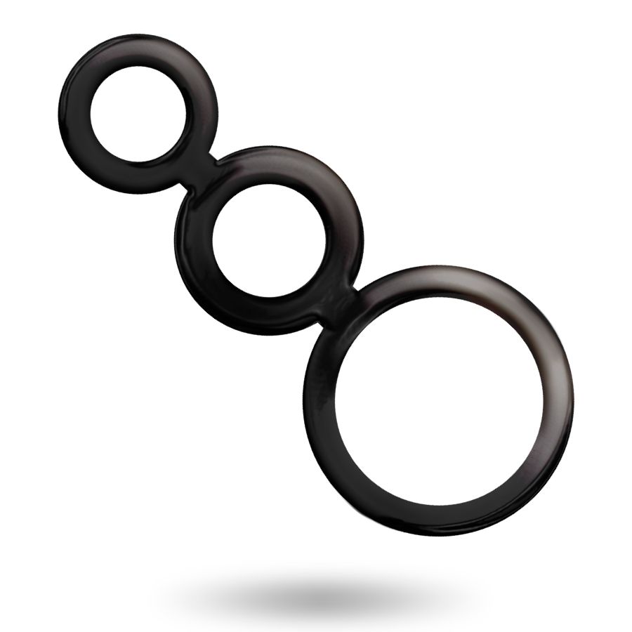 Tre anelli neri collegati. Un anello piccolo, uno medio e uno grande. Superficie lucida. Con ombra.