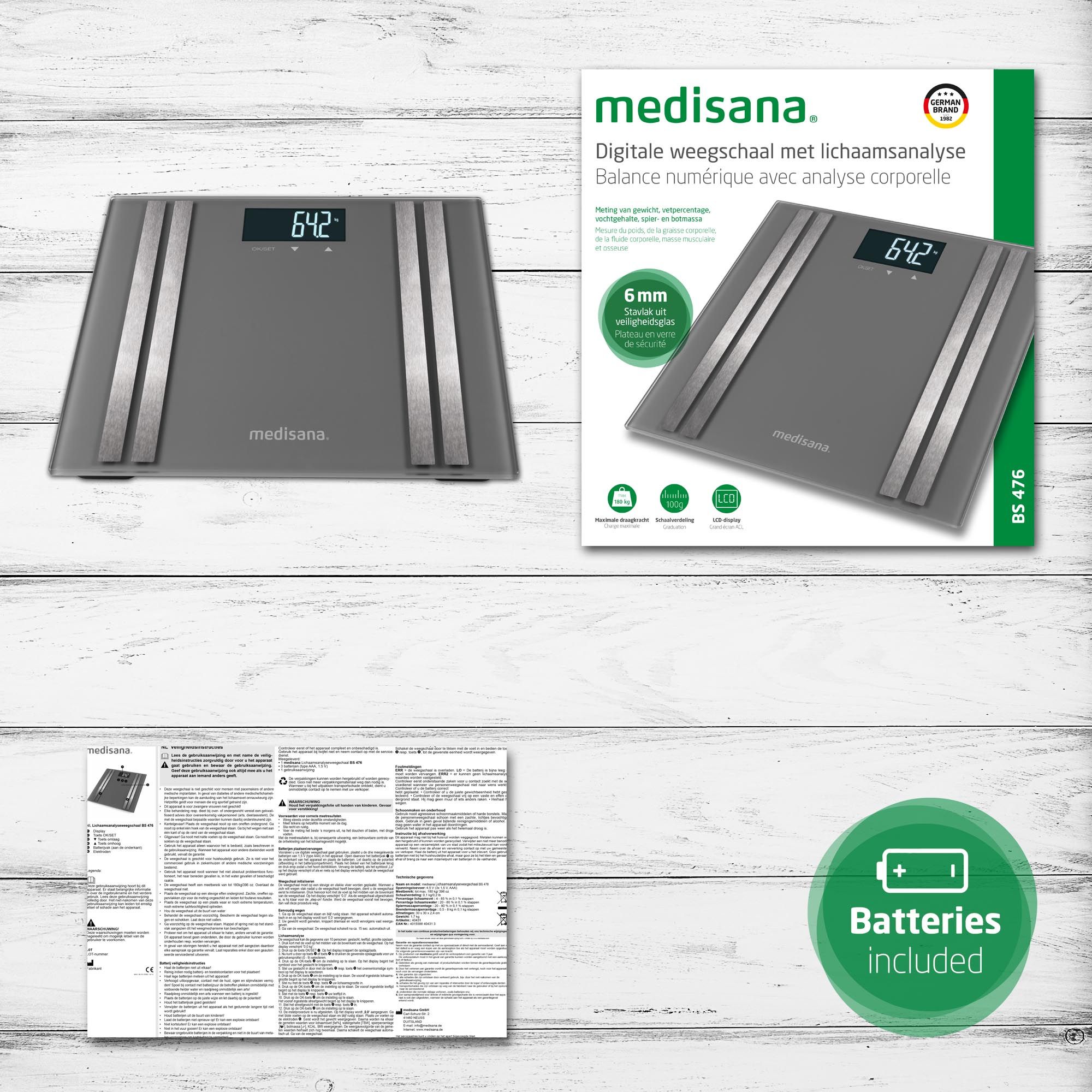 Confezione del prodotto con bilancia, manuale e batterie. Bilancia con display digitale.