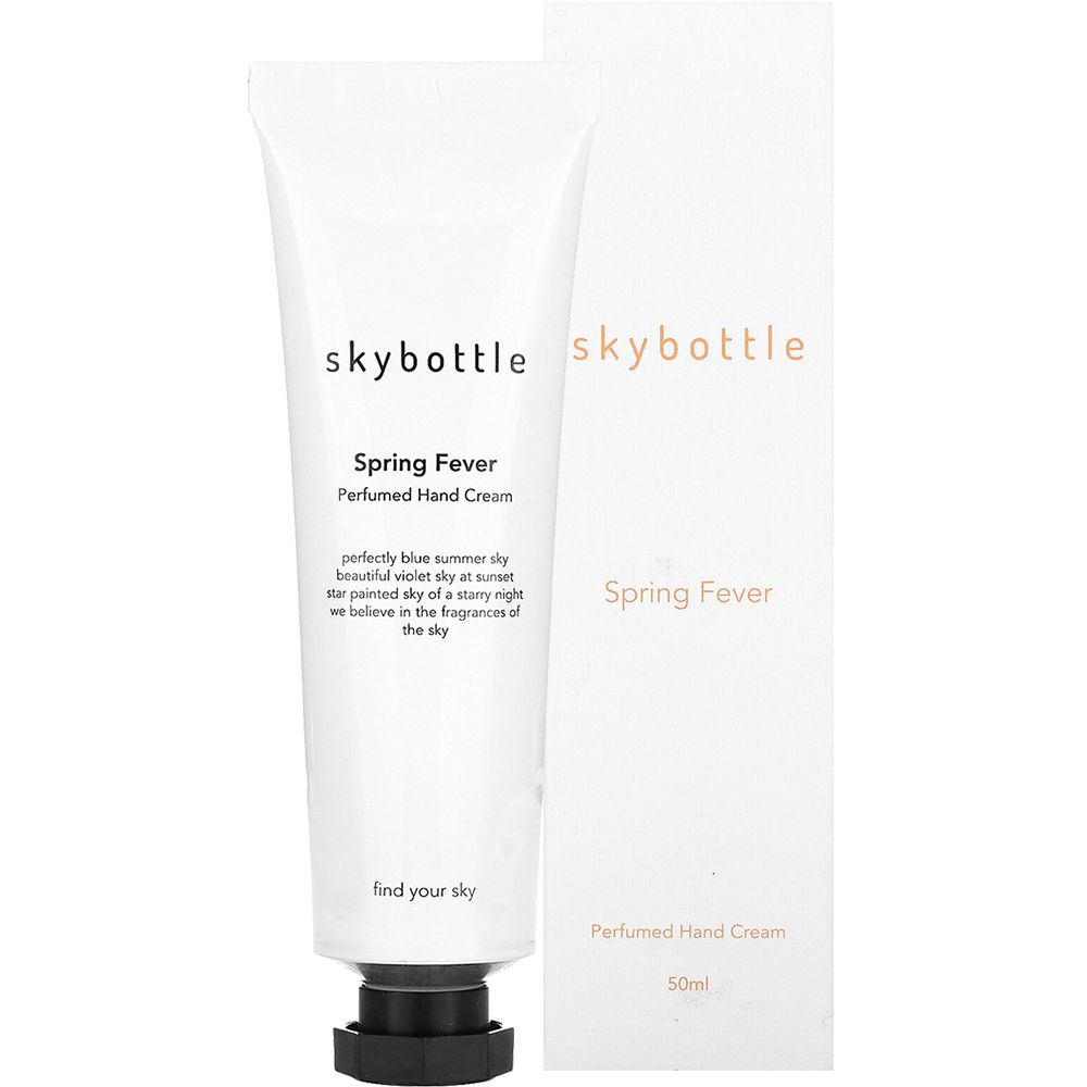 Tubo bianco con tappo nero e scatola. Scritta: SKYBOTTLE Spring Fever Perfumed Hand Cream.
