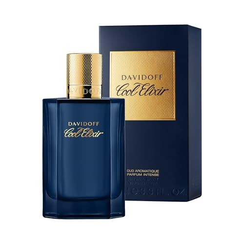 Flacone blu scuro con tappo dorato e confezione. Sul flacone è scritto Davidoff Cool Elixir.