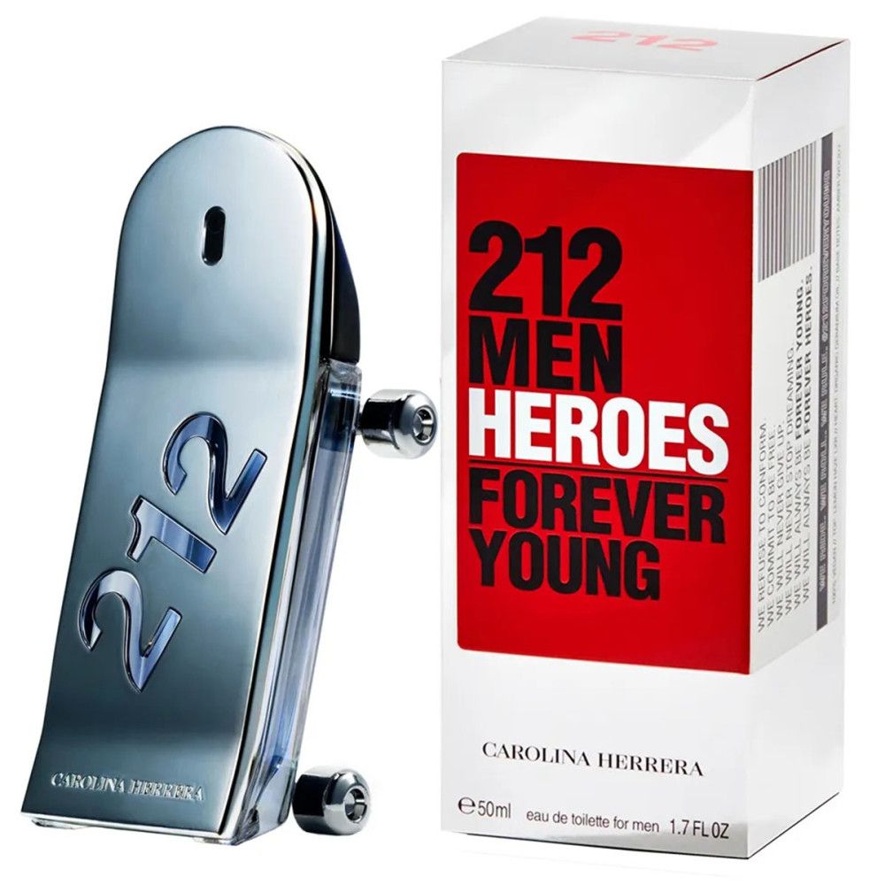 Flacone argentato a forma di skateboard e confezione. Scritta: 212 Men Heroes, Carolina Herrera. Confezione rossa con testo bianco.