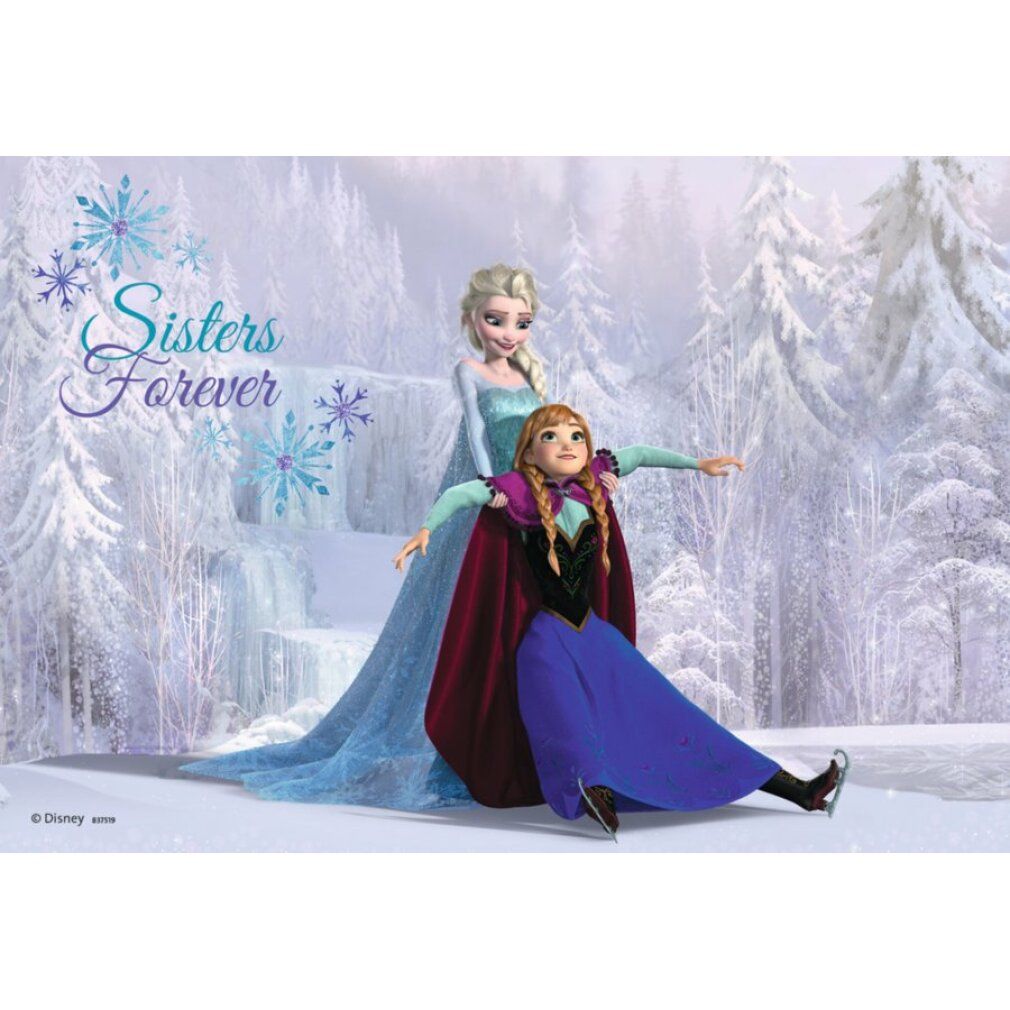 Motivo puzzle con Elsa e Anna. Scritta "Sisters Forever". Paesaggio innevato sullo sfondo.