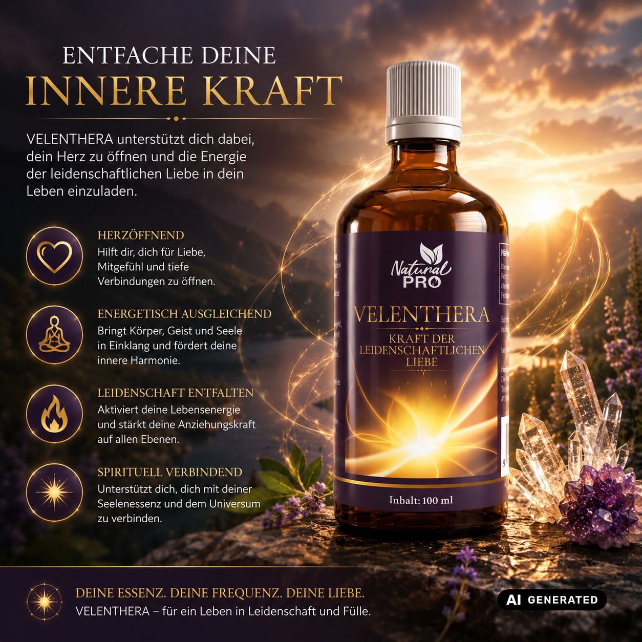 Flacone in vetro marrone con tappo a vite bianco, riempito con un liquido dorato. L'etichetta riporta il nome del prodotto e la dicitura "Kraft der leidenschaftlichen Liebe".