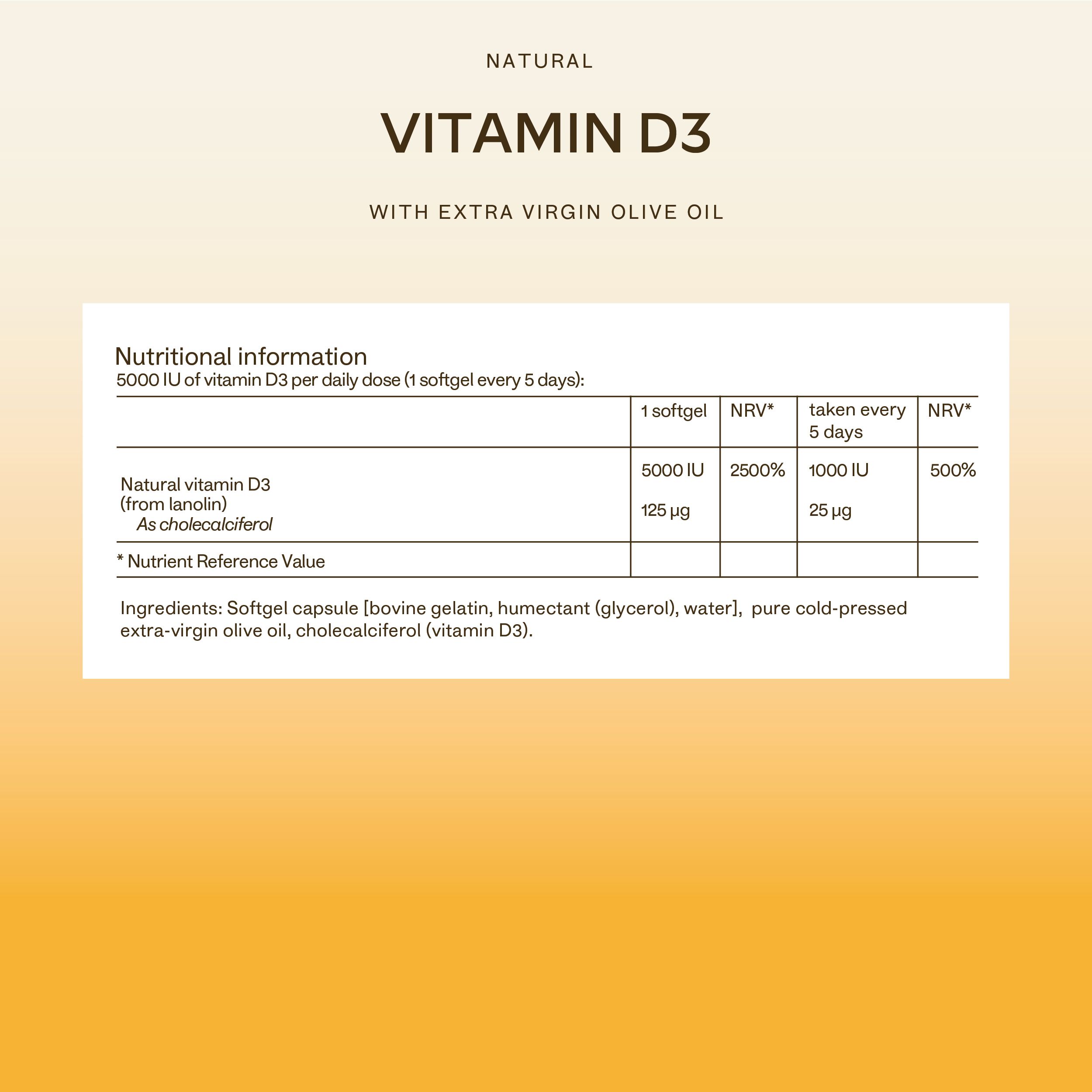 Tabella nutrizionale. Contiene informazioni sulla vitamina D3. Testo in inglese. Sfondo giallo.