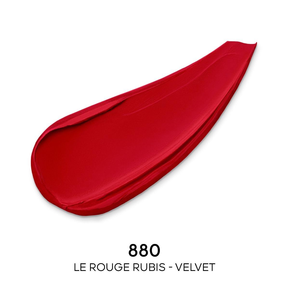 Campione di rossetto rosso. Testo: "880 LE ROUGE RUBIS - VELVET".