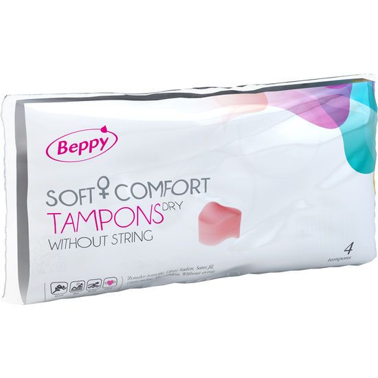 Tamponi Beppy Soft + Comfort Dry senza filo, 4 pezzi, tampone rosa visibile.