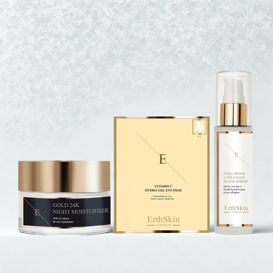 Tre prodotti: crema notte, patch occhi e siero. Coperchi e confezioni dorate. Scritte: ErthSkin London, Gold 24K Night Moisturiser, Vitamin C Hydro-Gel Eye Pads, Hyaluronic + Collagen.