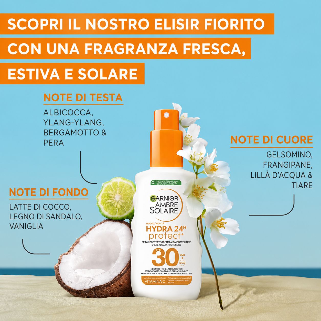 Garnier Ambre Solaire Hydra Protect+ Latte solare SPF 30. Flacone, cocco, lime, fiori. Testo: Elisir fiorito profumato. Note di testa, cuore, fondo.