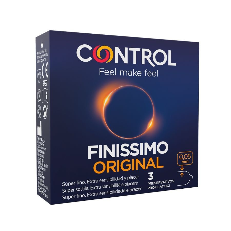Confezione di preservativi Control Finissimo Original, 3 pezzi. Spessore 0,05 mm. Per maggiore sensibilità e piacere.
