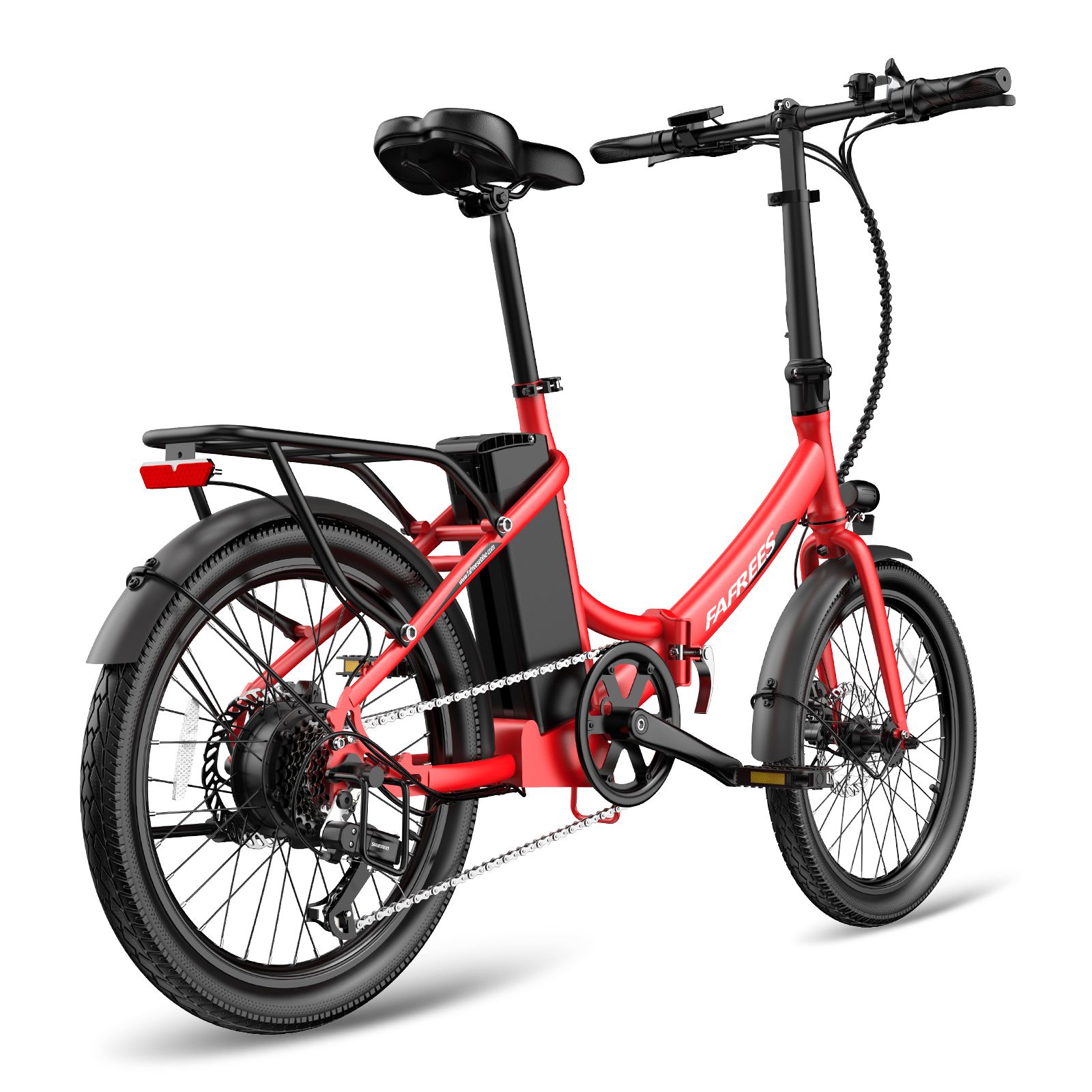 E-bike Fafrees F20Light rossa. Componenti neri, portapacchi, parafanghi. Vista posteriore.
