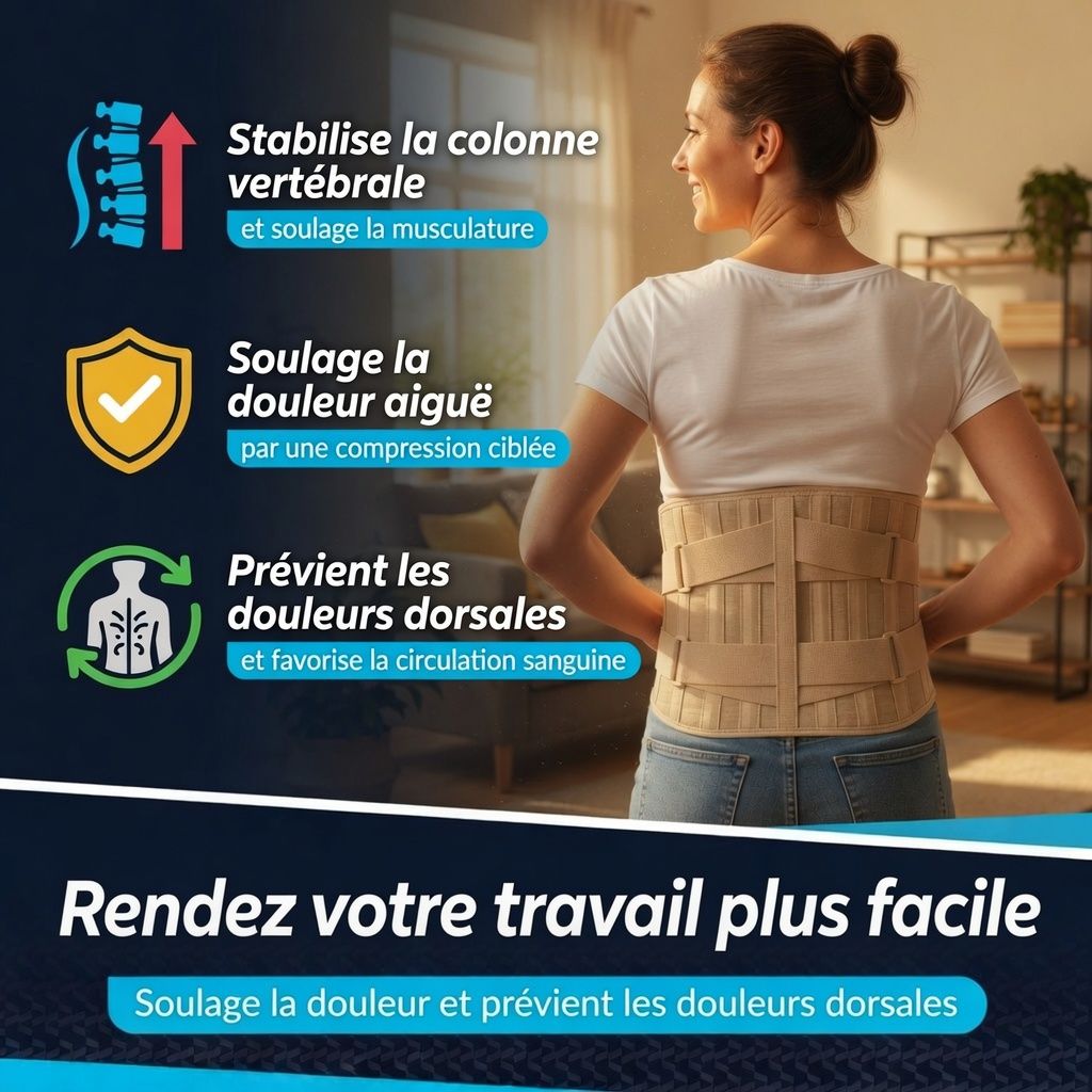 Donna con corsetto lombare che stabilizza la colonna vertebrale e allevia la muscolatura.