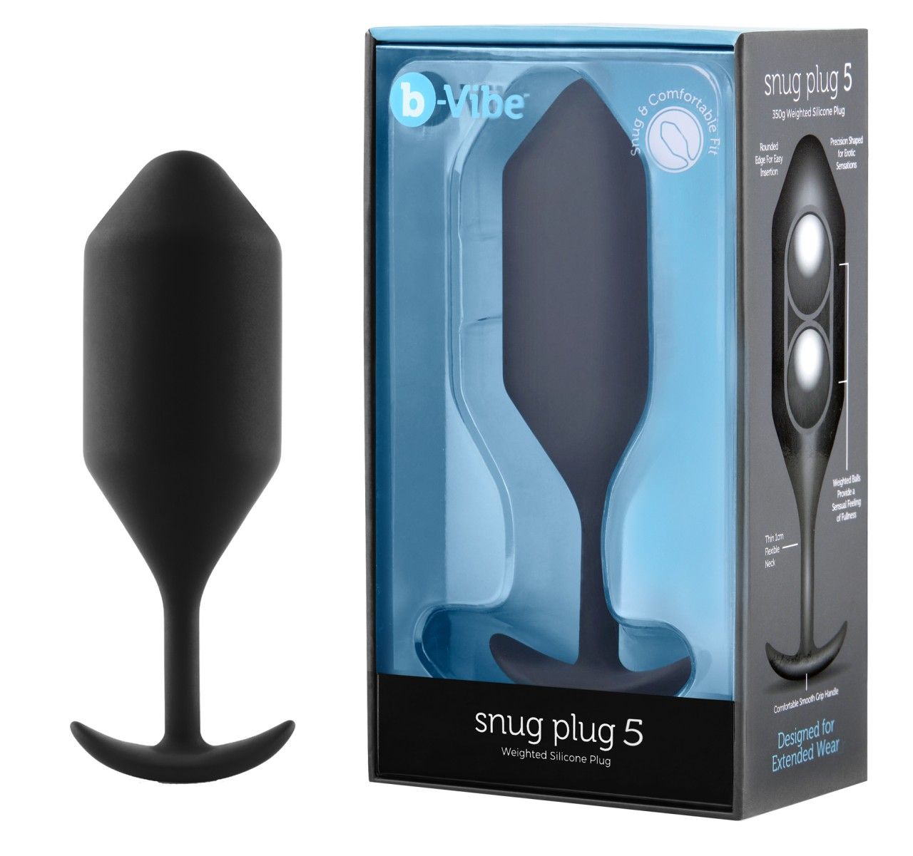 Plug anale ponderato in silicone nero con manico a T e la sua confezione.