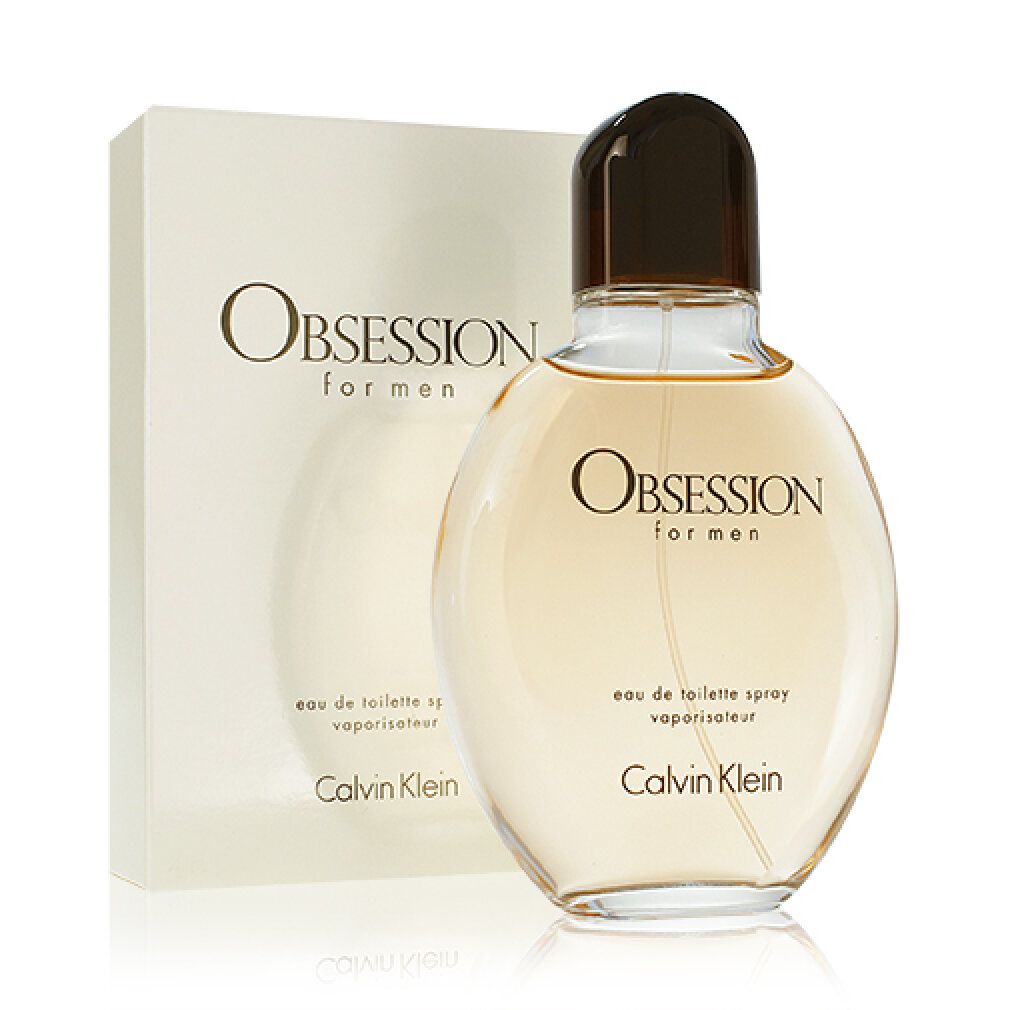 Flacone e confezione di profumo. Scritta: Obsession for men, Calvin Klein. Flacone rotondo, tappo marrone.
