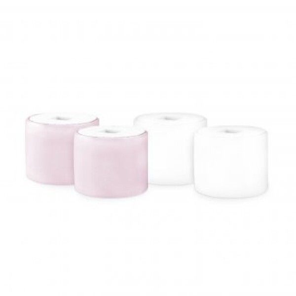 Quattro accessori cilindrici bianchi e rosa.