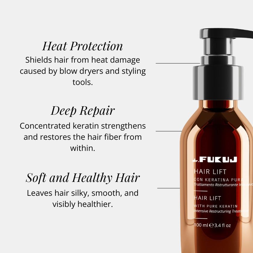 Primo piano del flacone. Scritta: Dr. Fukuj Hair Lift, Keratin Pura, Hair Lift, 100 ml. Testo su protezione termica, riparazione profonda.