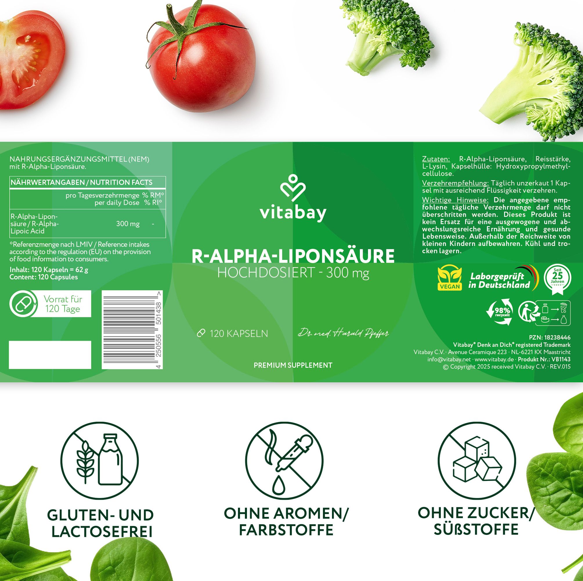 Etichetta con informazioni sul prodotto. Scritta: R-Alpha-Liponsäure 300 mg, 120 capsule. Marchio: Vitabay. Certificazione.