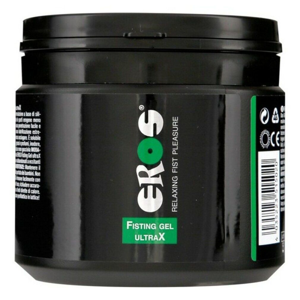 Contenitore nero con coperchio. Scritta: EROS, Fisting Gel Ultra X, Relaxing Fist Pleasure. Logo verde.