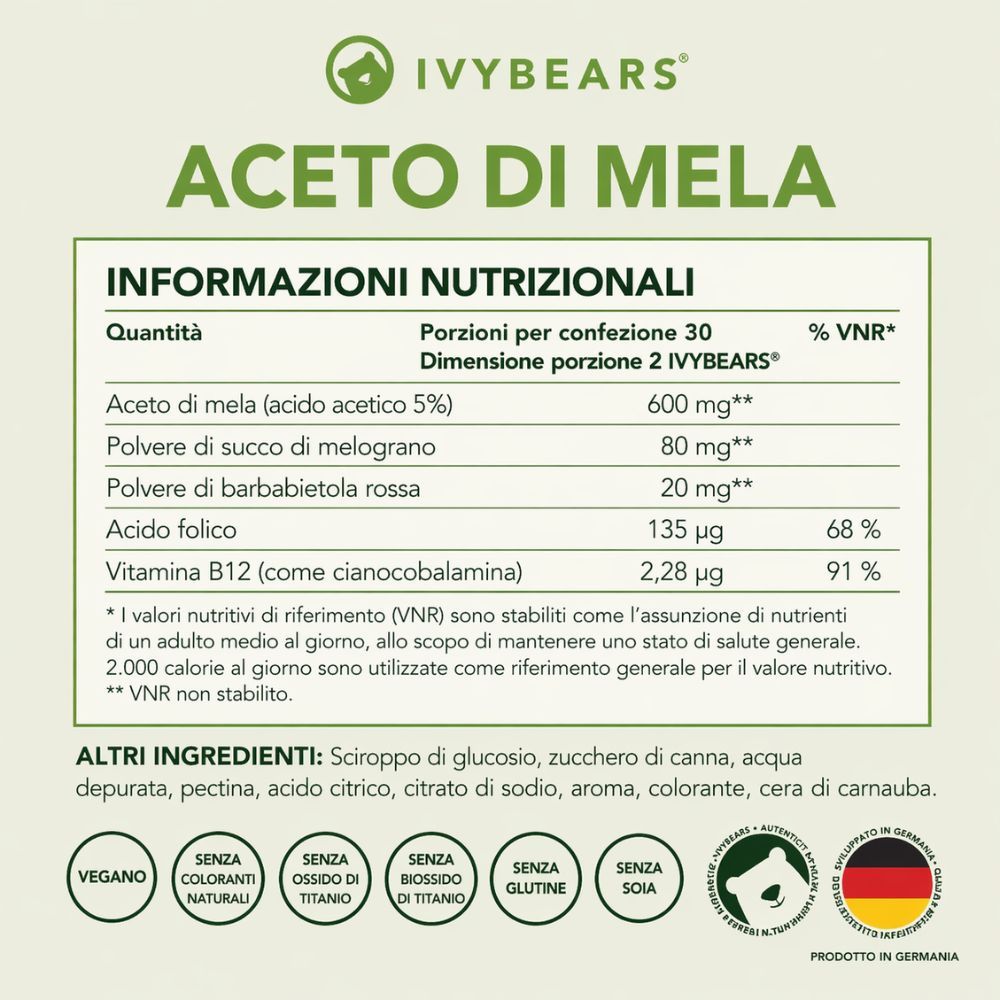 Tabella nutrizionale con ingredienti: Aceto di mele, Polvere di succo di melograno, Polvere di barbabietola, Acido folico, Vitamina B12.