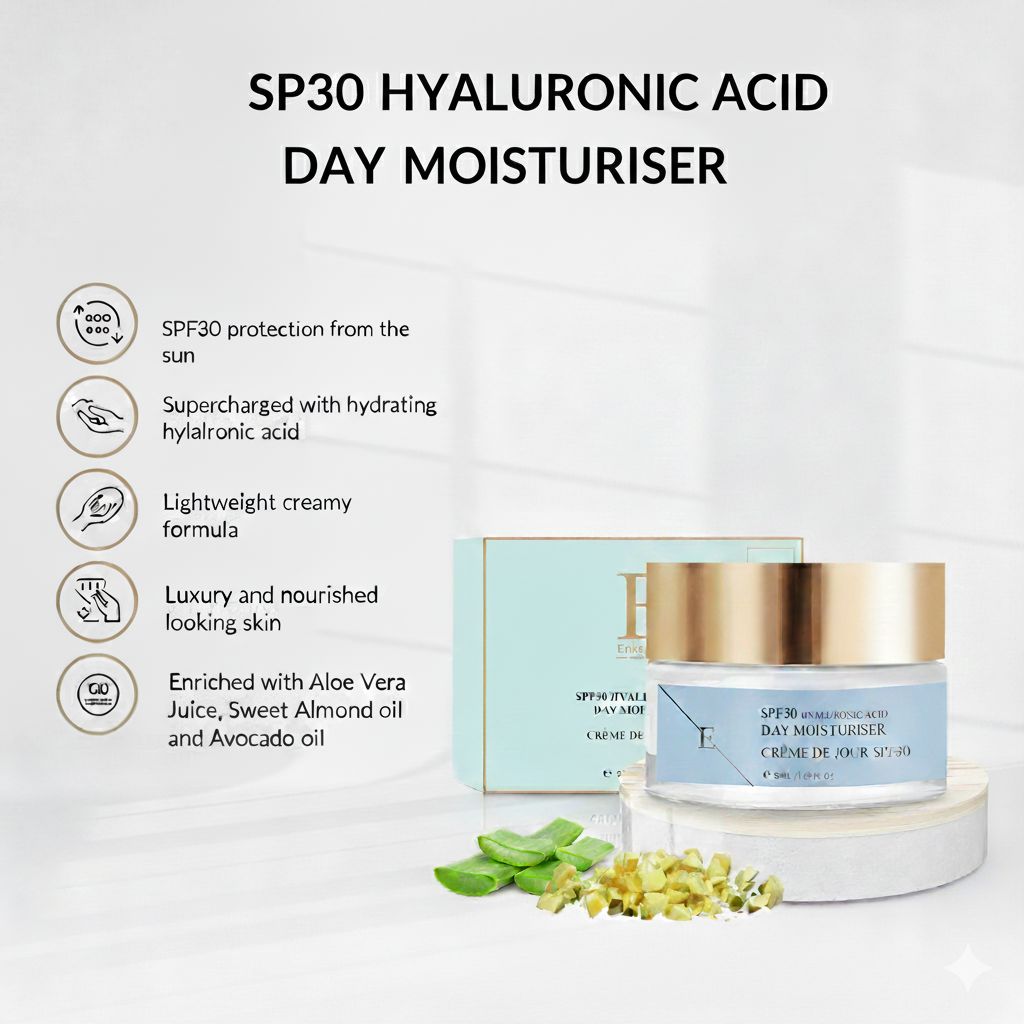 Vasetto di crema giorno con coperchio dorato e scatola. Scritta: SPF30 Hyaluronic Acid Day Moisturiser, Crème de Jour SPF30. Aloe Vera.