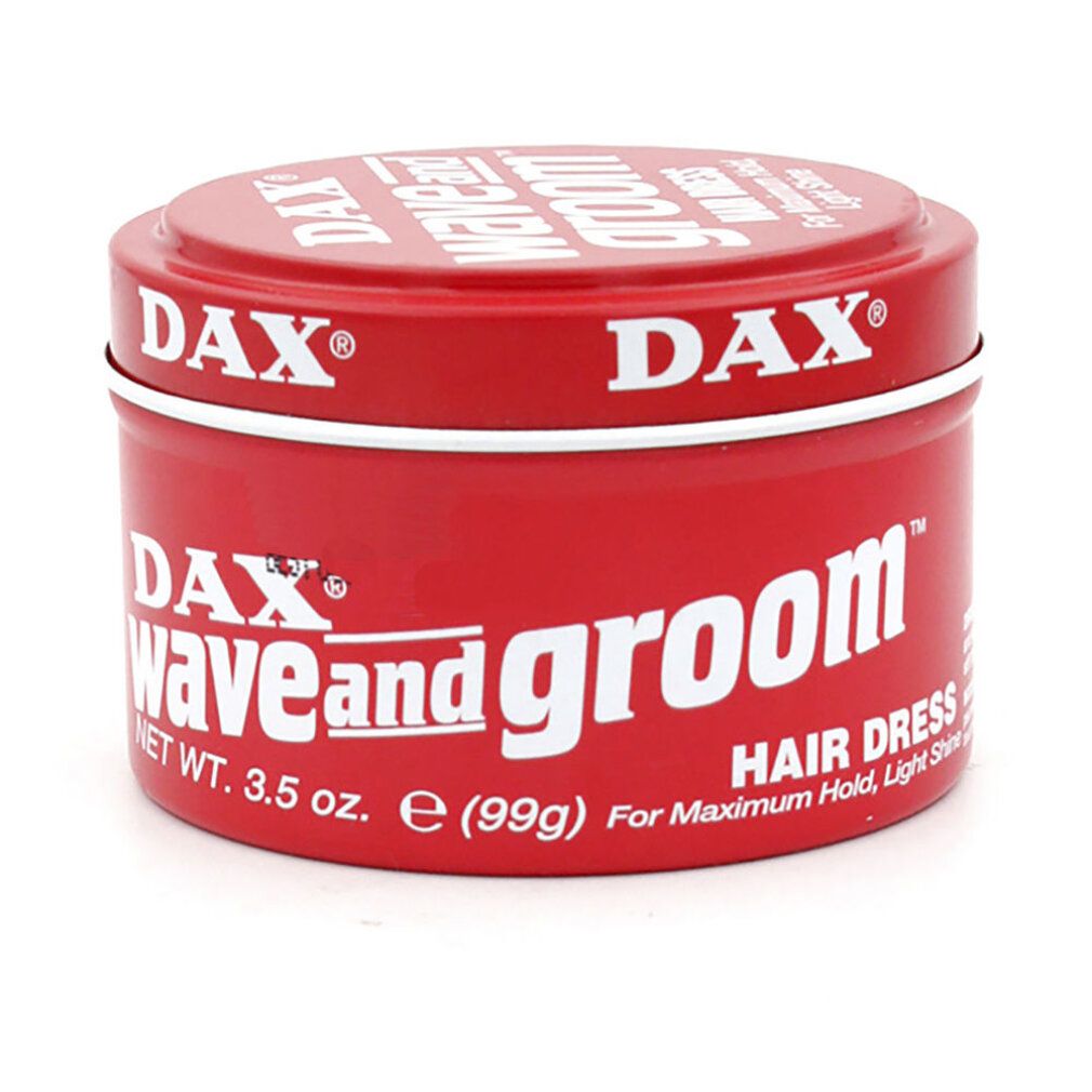 Barattolo rosso con scritta bianca DAX Wave and Groom. Contiene 3,5 oz. Nome del prodotto e marchio ben visibili.