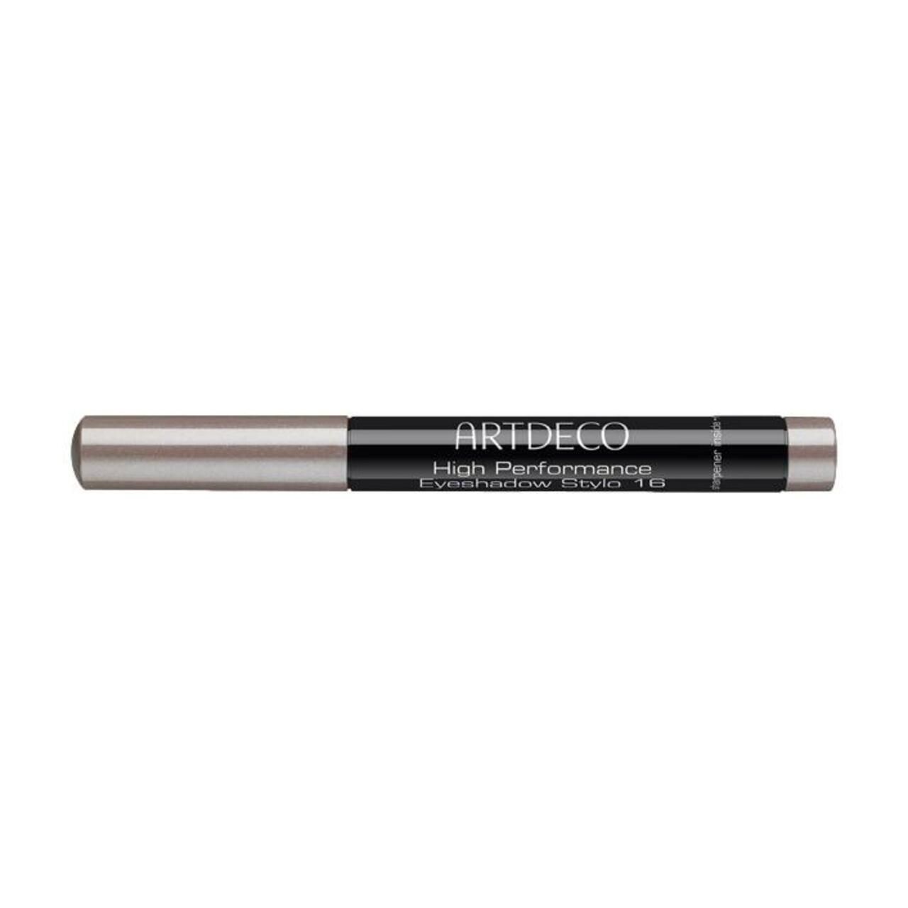 Artdeco High Performance Eyeshadow Stylo. Matita nera con estremità argentate. Nome e marchio visibili.