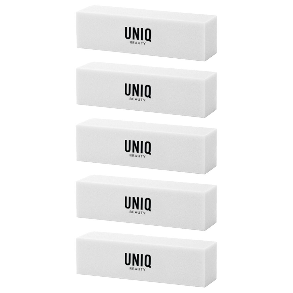 Cinque lime per unghie bianche con logo UNIQ BEAUTY nero.