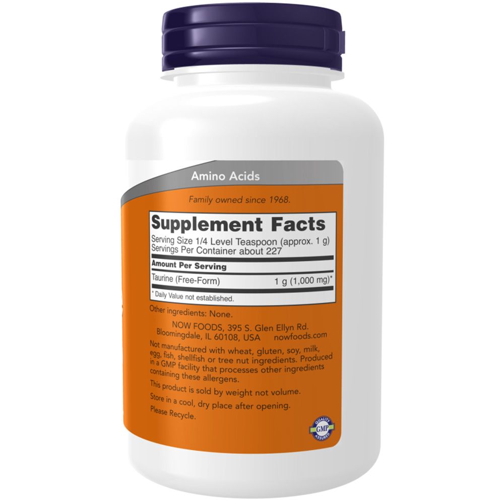 Retro del flacone. Scritta: NOW, Aminoacidi, Supplement Facts. Contiene informazioni nutrizionali e ingredienti. Sfondo arancione.