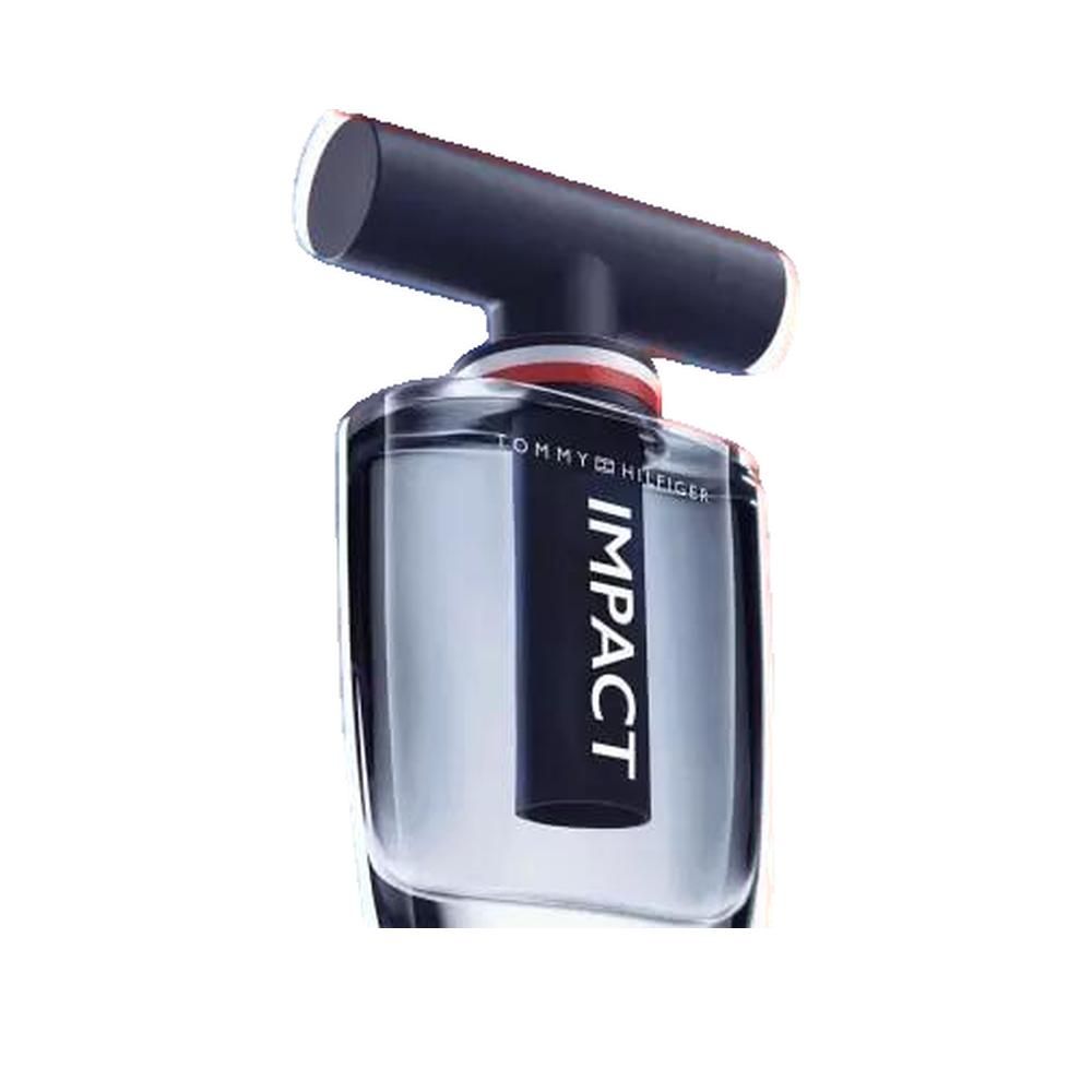 Flacone in vetro inclinato con tappo nero. Scritta IMPACT. Logo TOMMY HILFIGER.