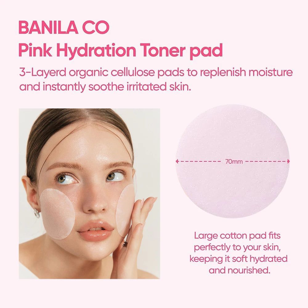 Una donna con pad sul viso. Testo: BANILA CO Pink Hydration Toner pad. Pad da 70mm.
