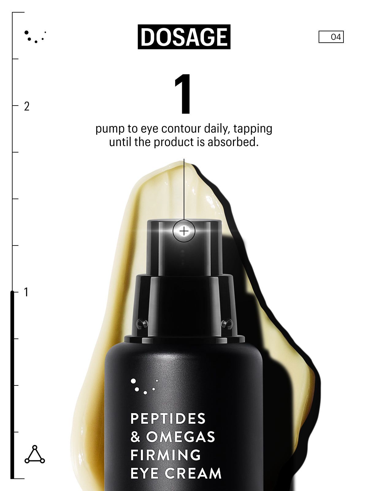 Flacone del prodotto con crema. Scritta: Peptides & Omegas Firming Eye Cream. Dosaggio: 1 erogazione.