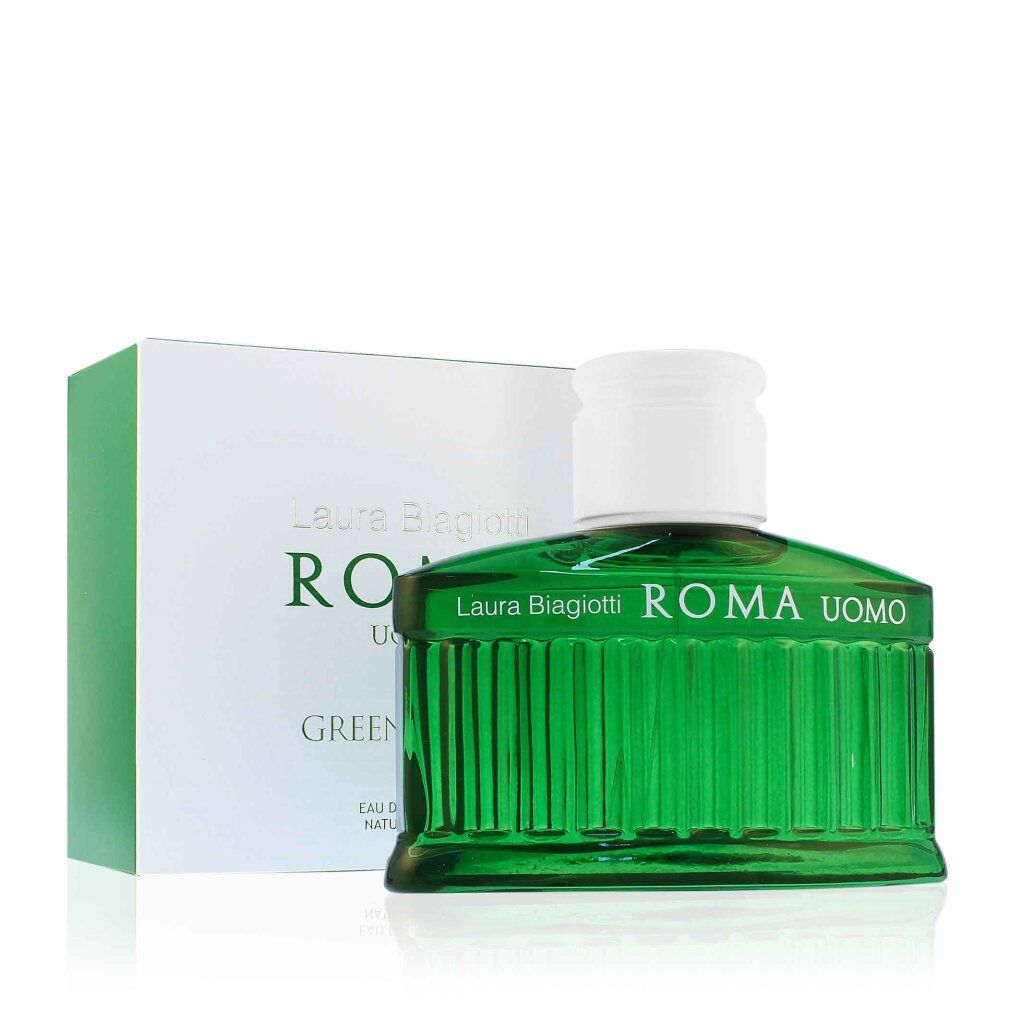 Flacone di profumo verde accanto a confezione bianca. Scritta: Laura Biagiotti ROMA UOMO GREEN SWING.
