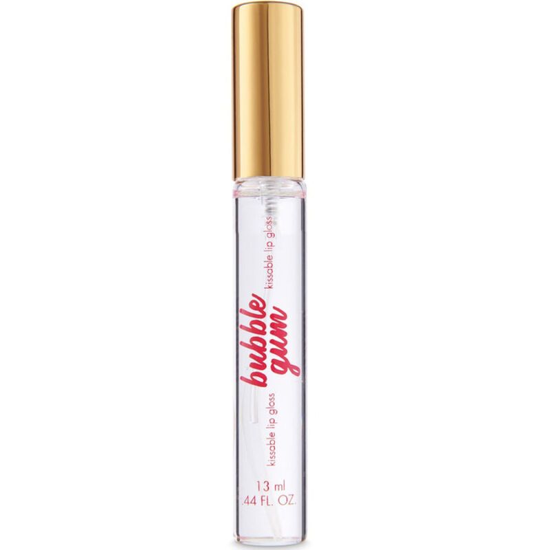 Lucidalabbra trasparente in flacone trasparente con tappo dorato. Etichetta: 'bubble gum', 'kissable lip gloss', '13 ml / .44 FL OZ'.