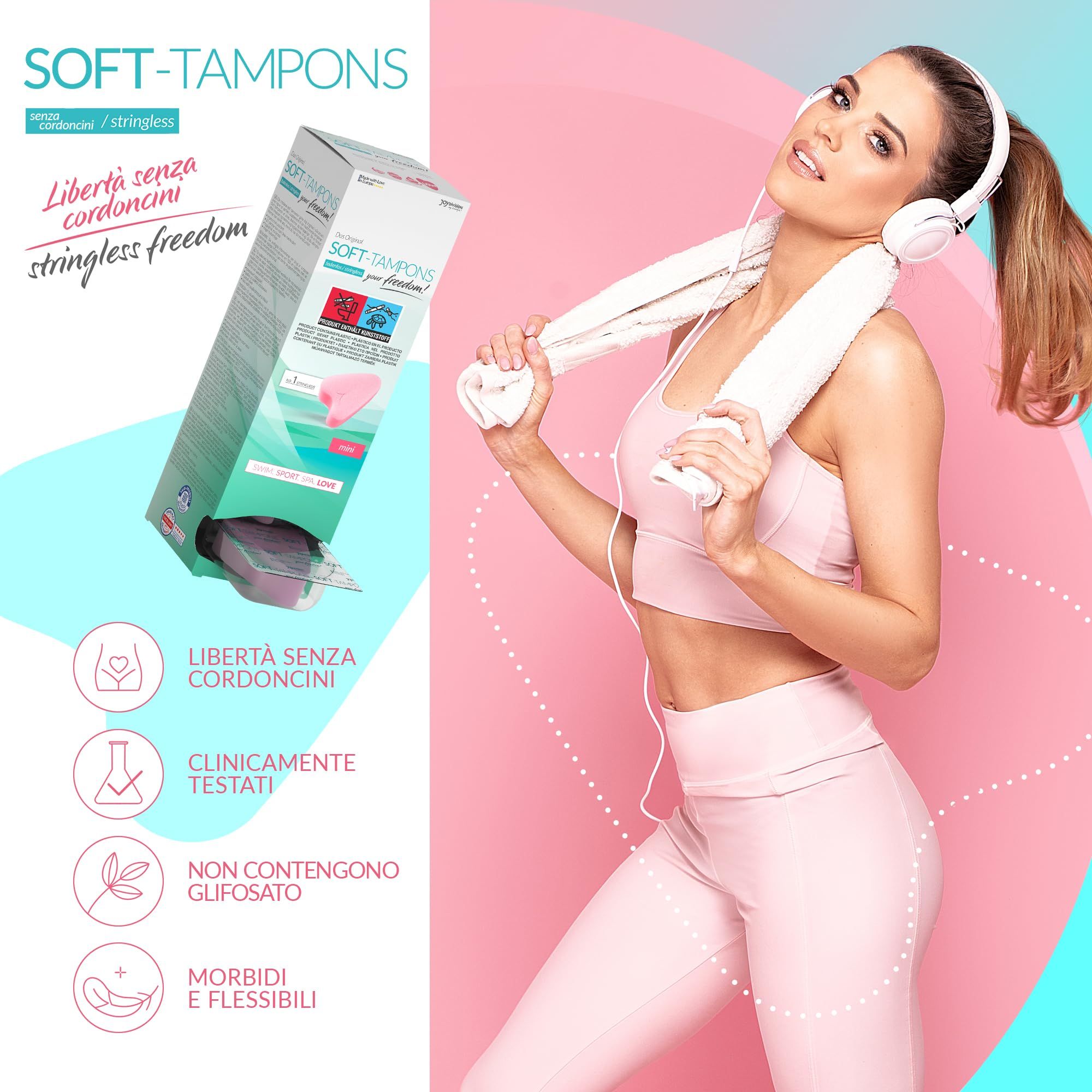 Confezione Soft Tampons mini, rosa, a forma di cuore. Donna in spiaggia.