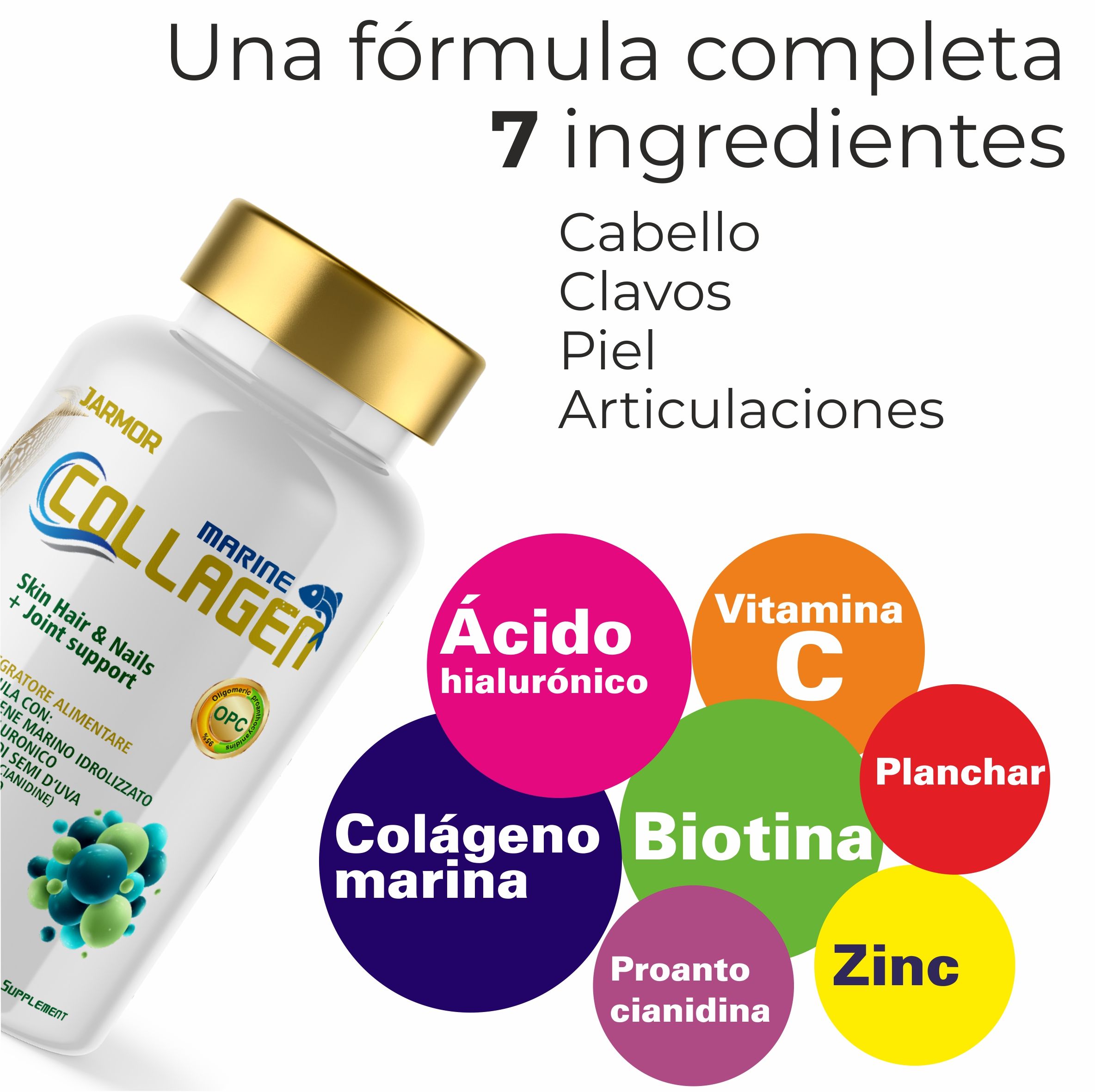 Flacone del prodotto con ingredienti. Testo: Marine Collagen, Skin Hair & Nails + Joint support. Ingredienti: Acido ialuronico, Vitamina C, Biotina, Zinco.