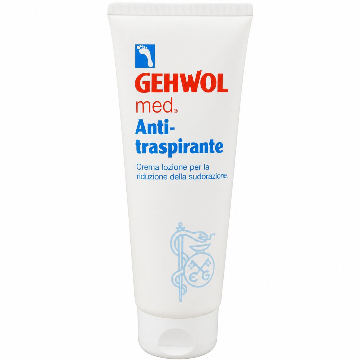 Tubo bianco con testo rosso e blu. Scritta: GEHWOL med. Anti-traspirante. Crema lozione per ridurre la sudorazione.