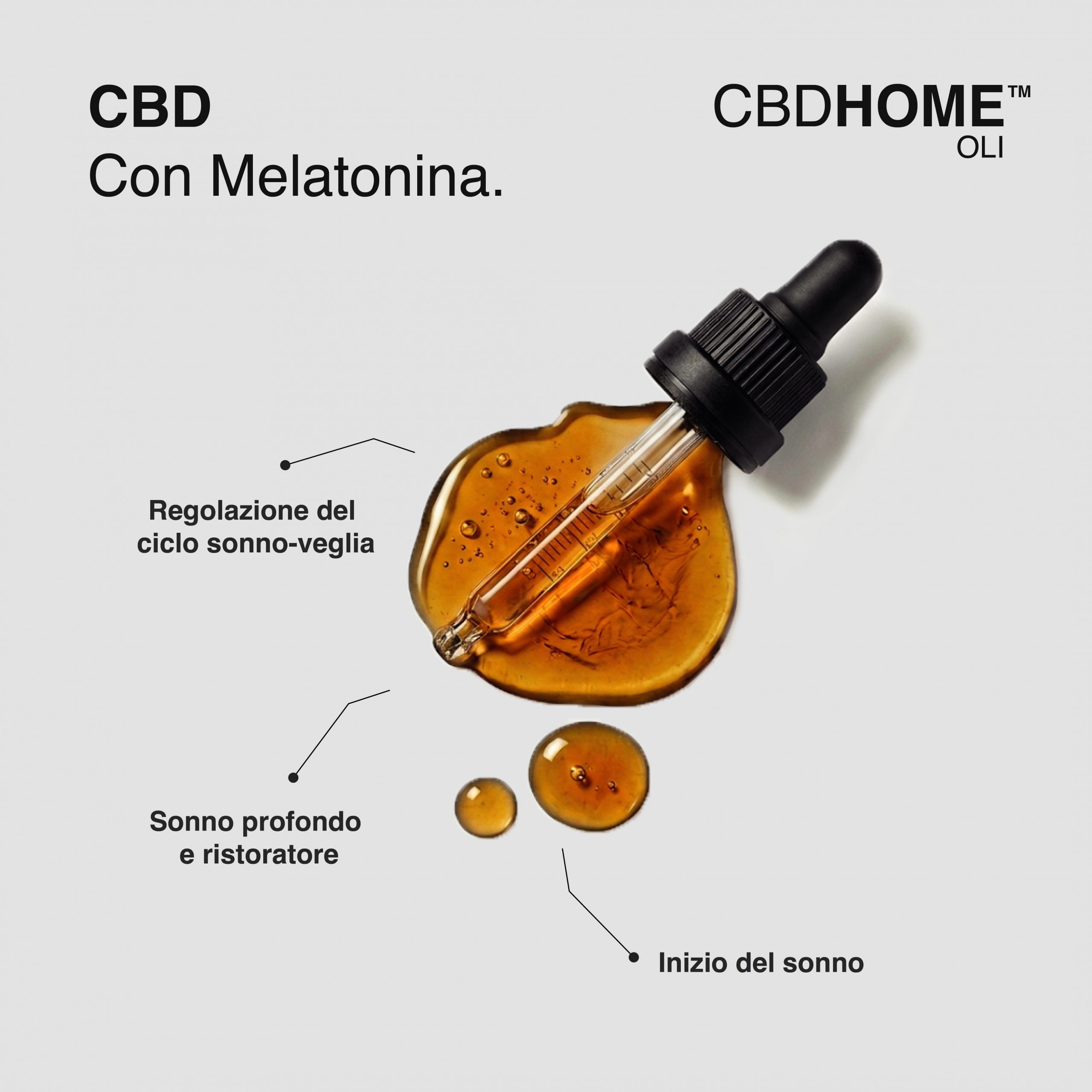 Gocce di olio CBDHOME con contagocce. Mostra l'effetto sul sonno e sul rilassamento.